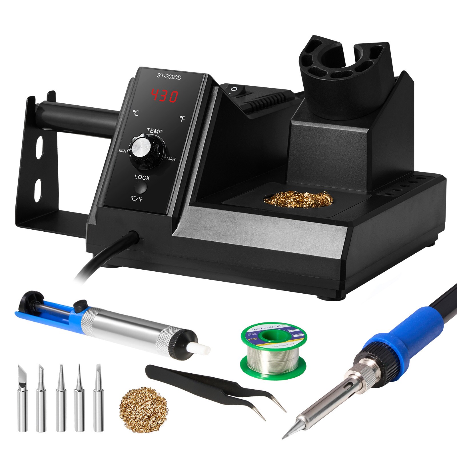 SVOPES SVOPESLTZDYX809659V1 1 x Soldering Iron Station 1 x Solder Sucker Iron 1 x Brass Tip Cleaner 1 x Tweezers 1 x 30g Lead-Free Solder Wire 5 x Soldering Tips 1 x Solder Wire Rack 1 x Solder Spool Holder 1 x Soldering Iron Holder 1 x User Manual Soldering iron