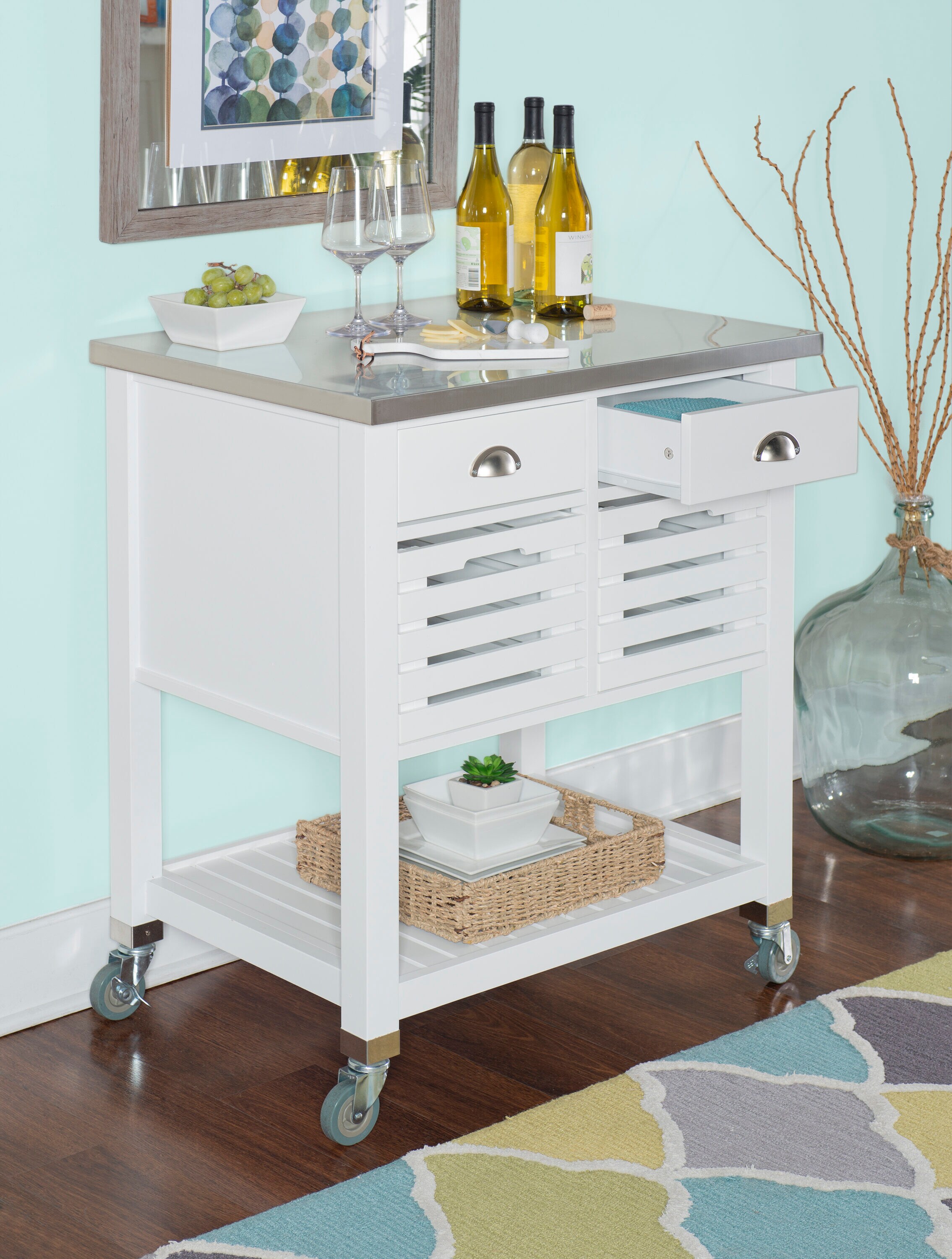 Farmhouse Charm White Stainless Steel Kitchen Cart with Butcher Block