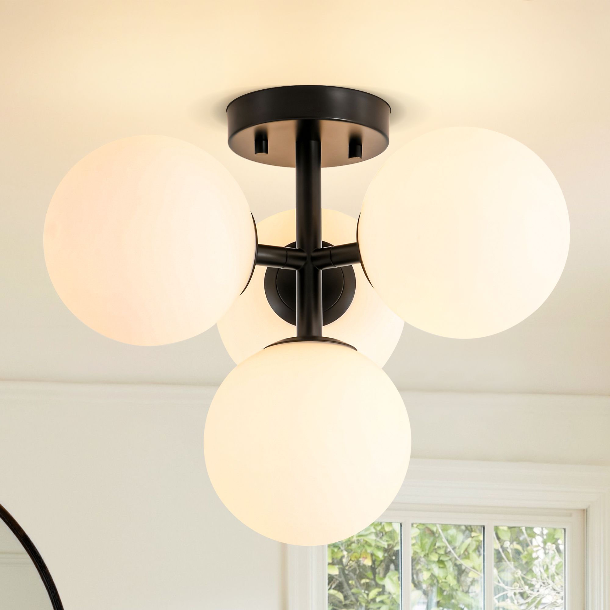 Rennnsan Bulde 4-Light Modern Sputnik Matte Black Semi-Flush Mount Ceiling Light with Opal Glass Globes