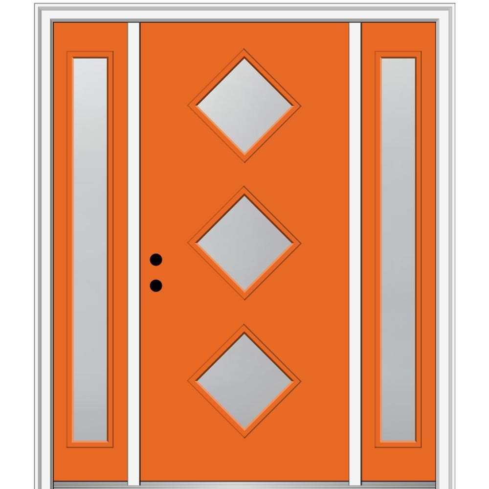 MMI DOOR ZZ350299R Spotlights 64-in x 80-in x 6-9/16-in Fiberglass Pulse lite Right-hand inswing Tangerine Painted Prehung Front Door with Sidelights with Brickmould Insulating core