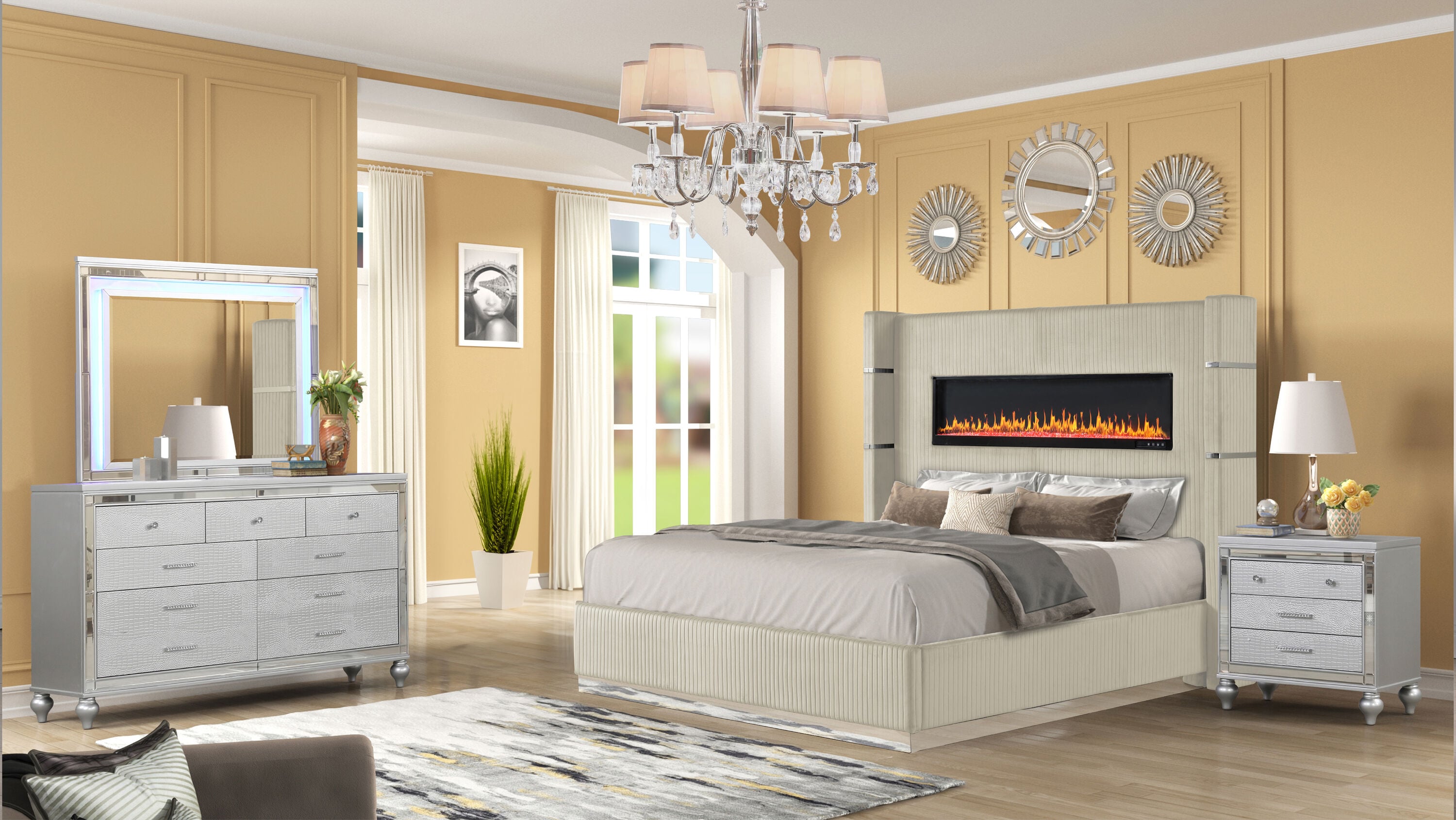 Elegant Beige Velvet King Bed with Ambient Fireplace Display