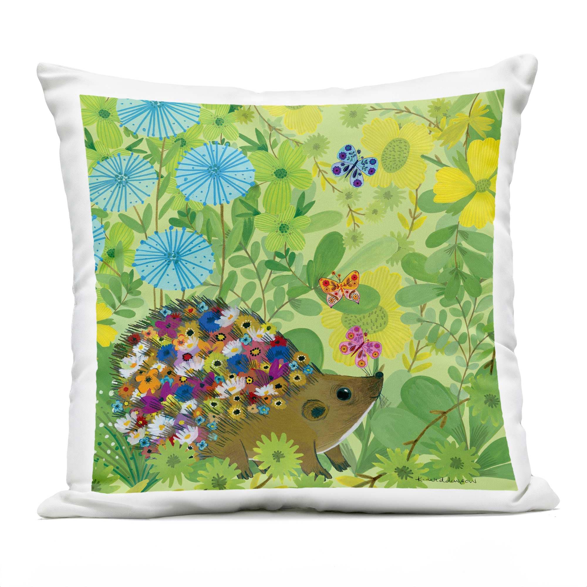 Stupell Industries PLO-927-OSQ-18X18 Happy Hedgehog and Flowers Outdoor Printed Pillow Design by Kay Widdowson