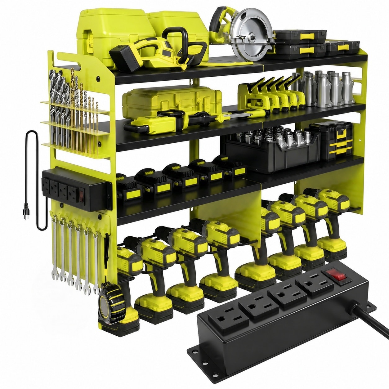Ahfiwaso  Power Tool Organizer Wall Mount with 4 Outlet Power Strip Heavy Duty Metal Storage Rack 4 Tier Garage Drill Holder Fluorescent Green