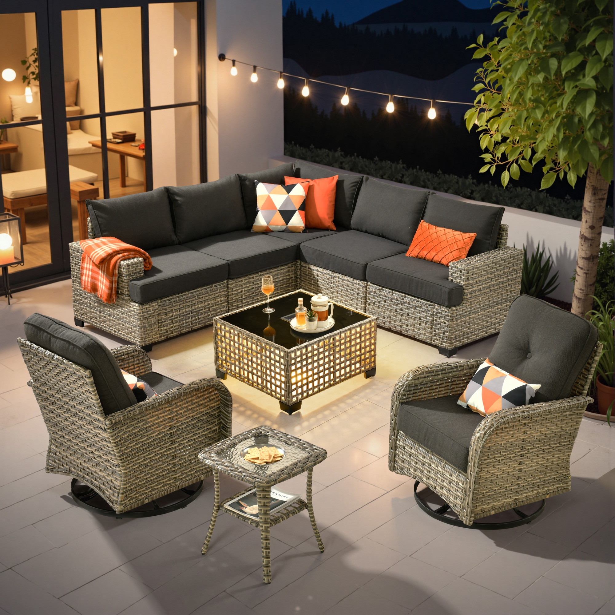Ovios TS109TYV 9 -Piece Wicker Patio Conversation Set with Black Cushions