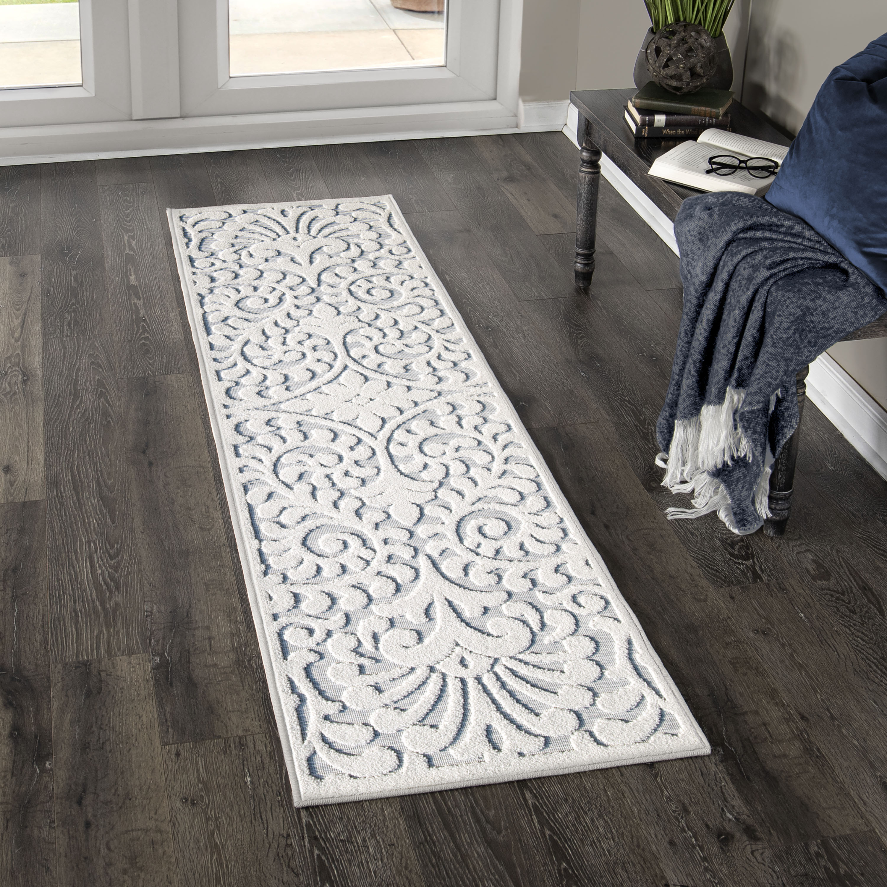 Orian Rugs 436365 Bluebonnets 2 x 8 (ft) Polypropylene Natural/Blue Rectangular Indoor/Outdoor Damask Farmhouse/Cottage Runner rug