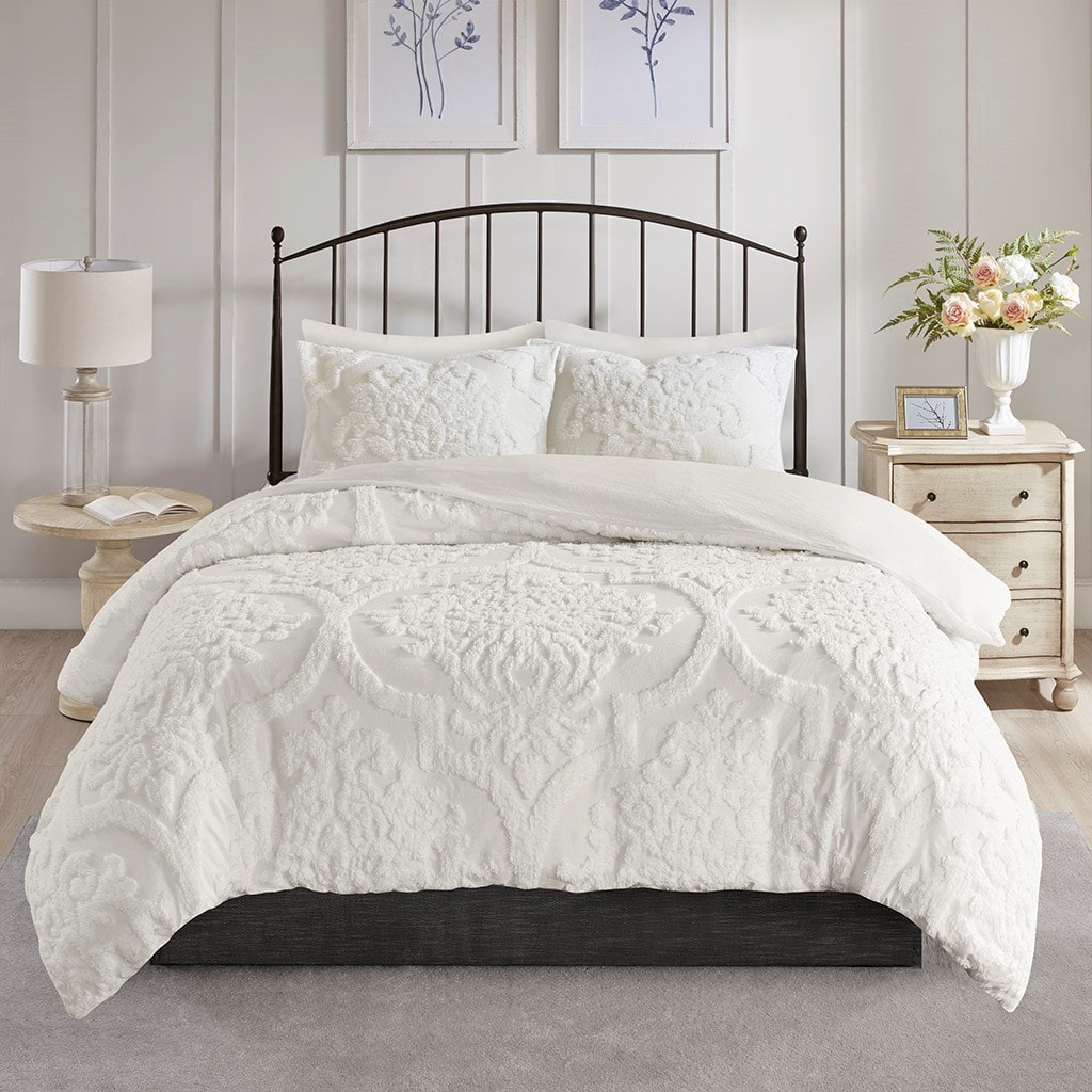 LUXEYARD Full/Queen 3 Piece Tufted Cotton Chenille Damask Duvet Cover Set