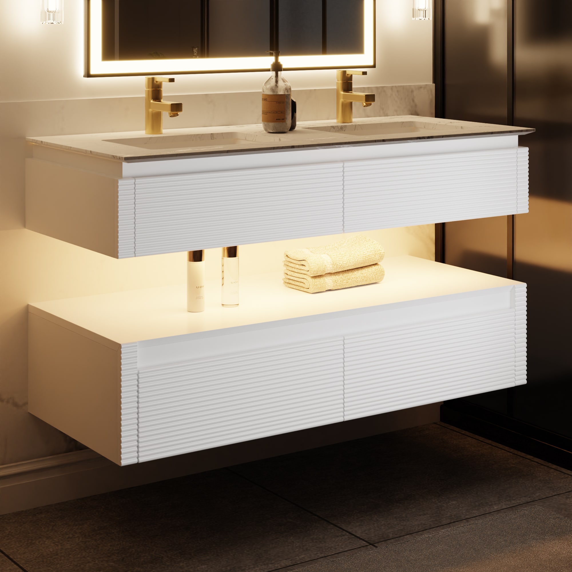 ExBrite SC4820V14DWH 48-in White Undermount Double Sink Floating Bathroom Vanity with White Engineered Stone Top