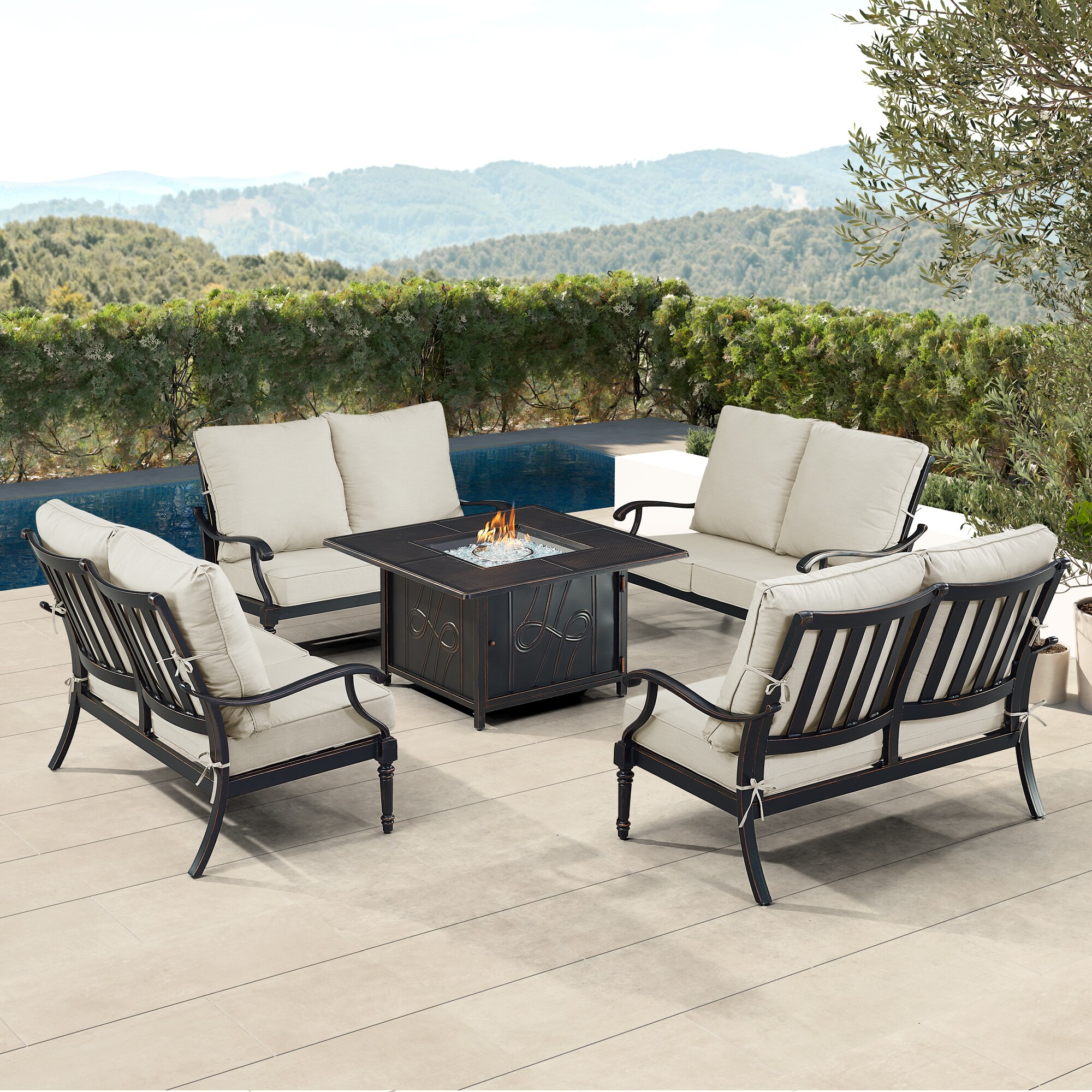Oakland Living SHAO4LSREGISLGCUA Fire Pit Table Set, Four Loveseats and Wind Guard 22-Piece Patio Conversation Set with Black Cushions