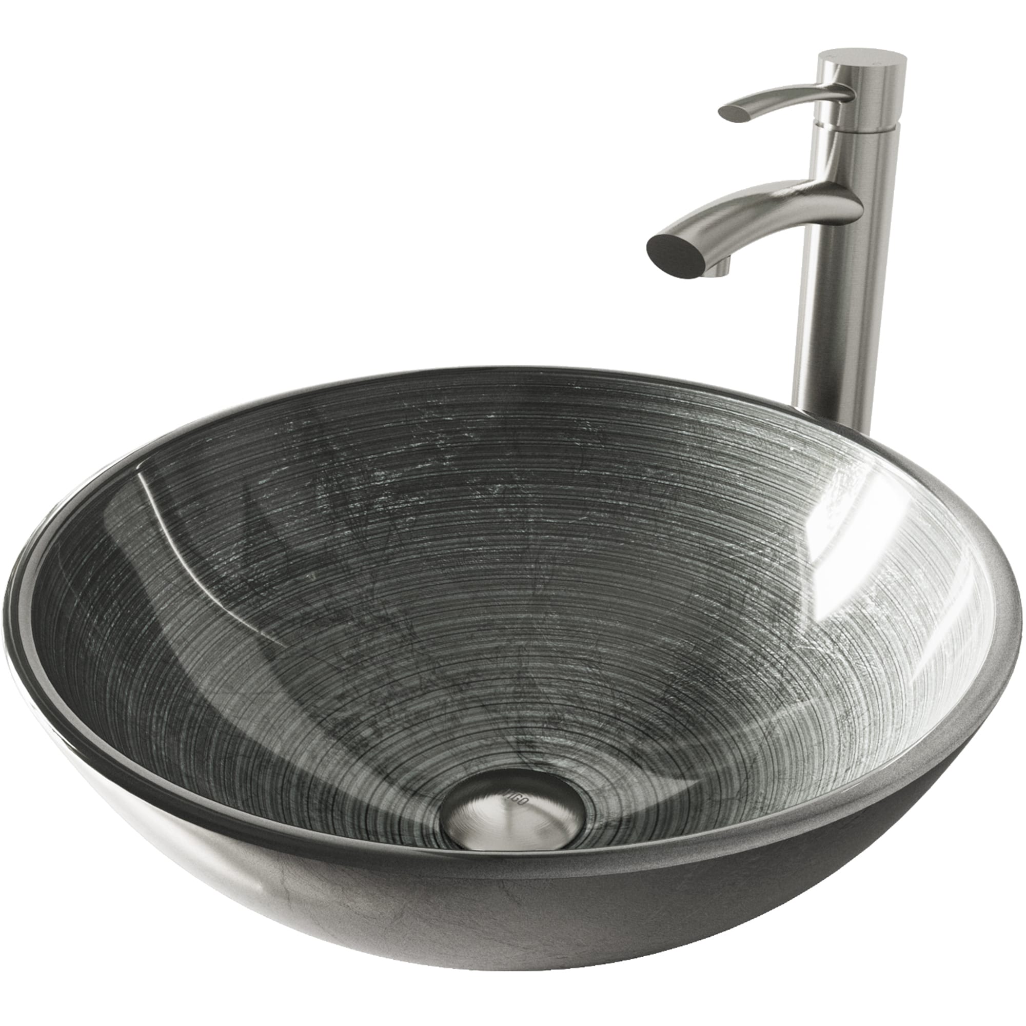 VIGO VGT1062 Vessel sink Glass Vessel Round Modern Gray Bathroom Sink with Faucet Included with Drain Included ( 17-in x 17-in )