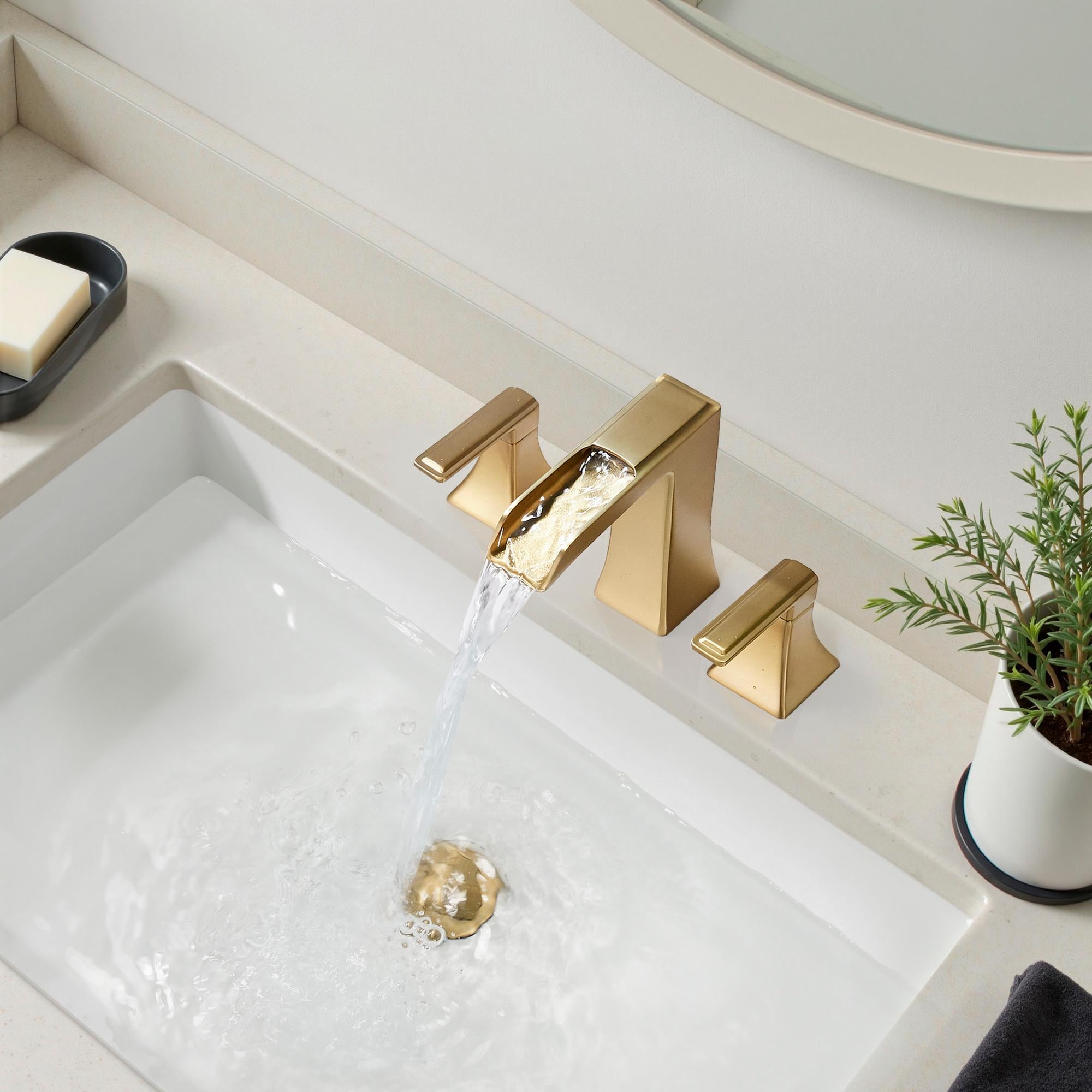 androme A3121GOLD Eden Gold Widespread 2-handle Mid-arc Residential Handle Bathroom Sink Faucet with Drain