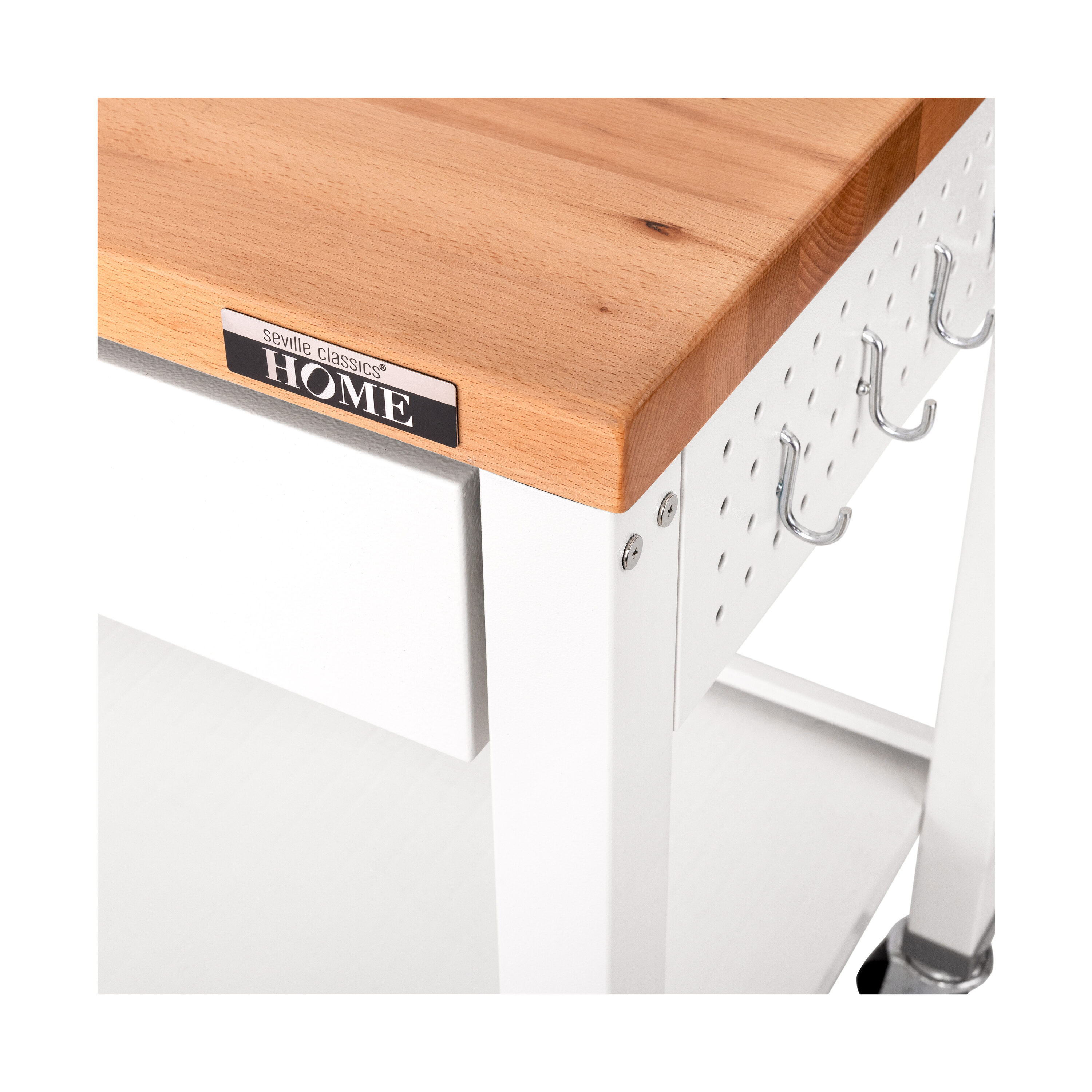 White Steel Work Center Kitchen Island with Wood Top