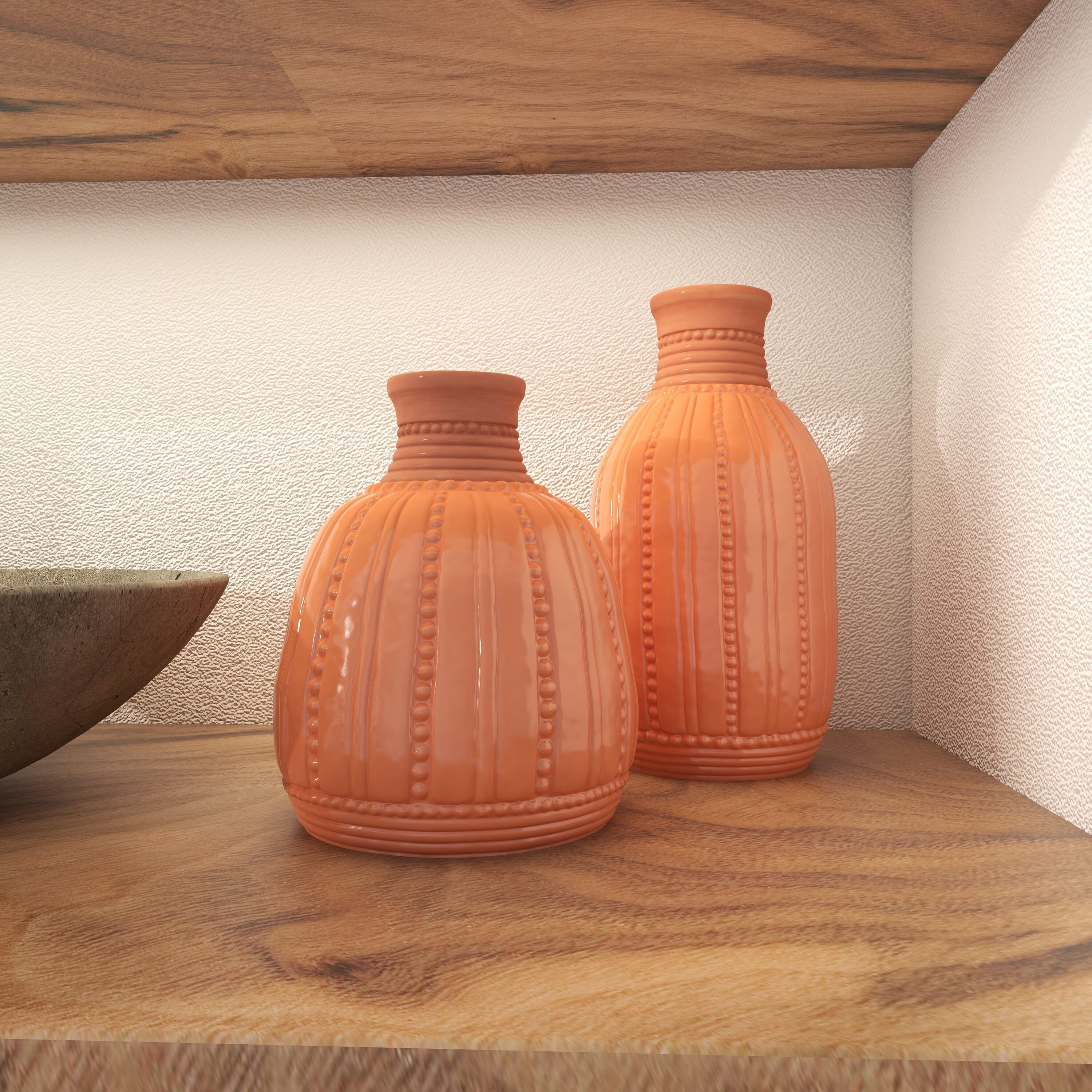 Handmade Orange Ceramic Vase Set with Beaded Details