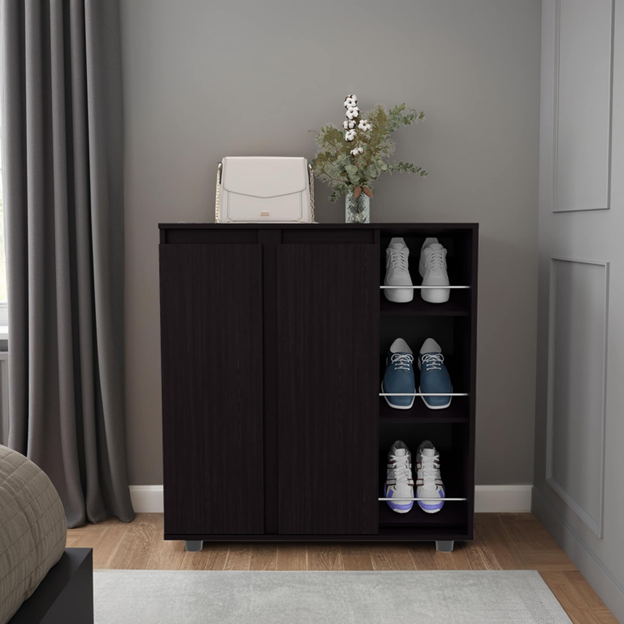 HyperDrop Cart 36-in H Black Wengue Wood Flippin Shoe Rack with 2 Doors and 11 Shelves for Professional Bedroom Storage
