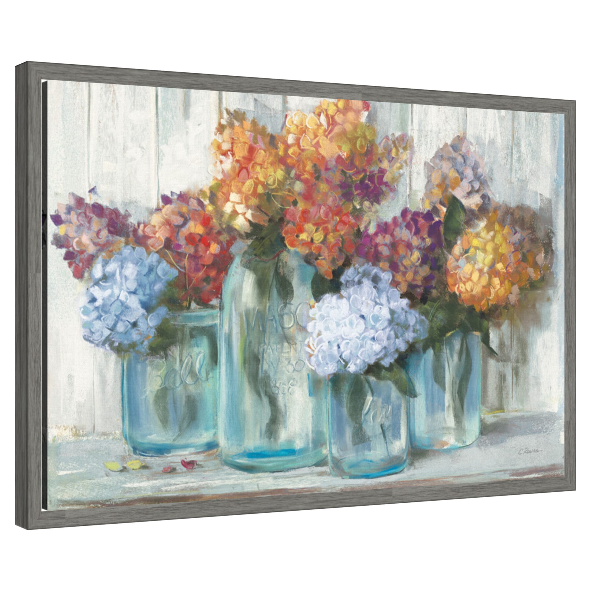 Amanti Art -  Fall Hydrangeas in Glass Jar Crop by Carol Rowan Framed Canvas Wall Art Print 23 W ...