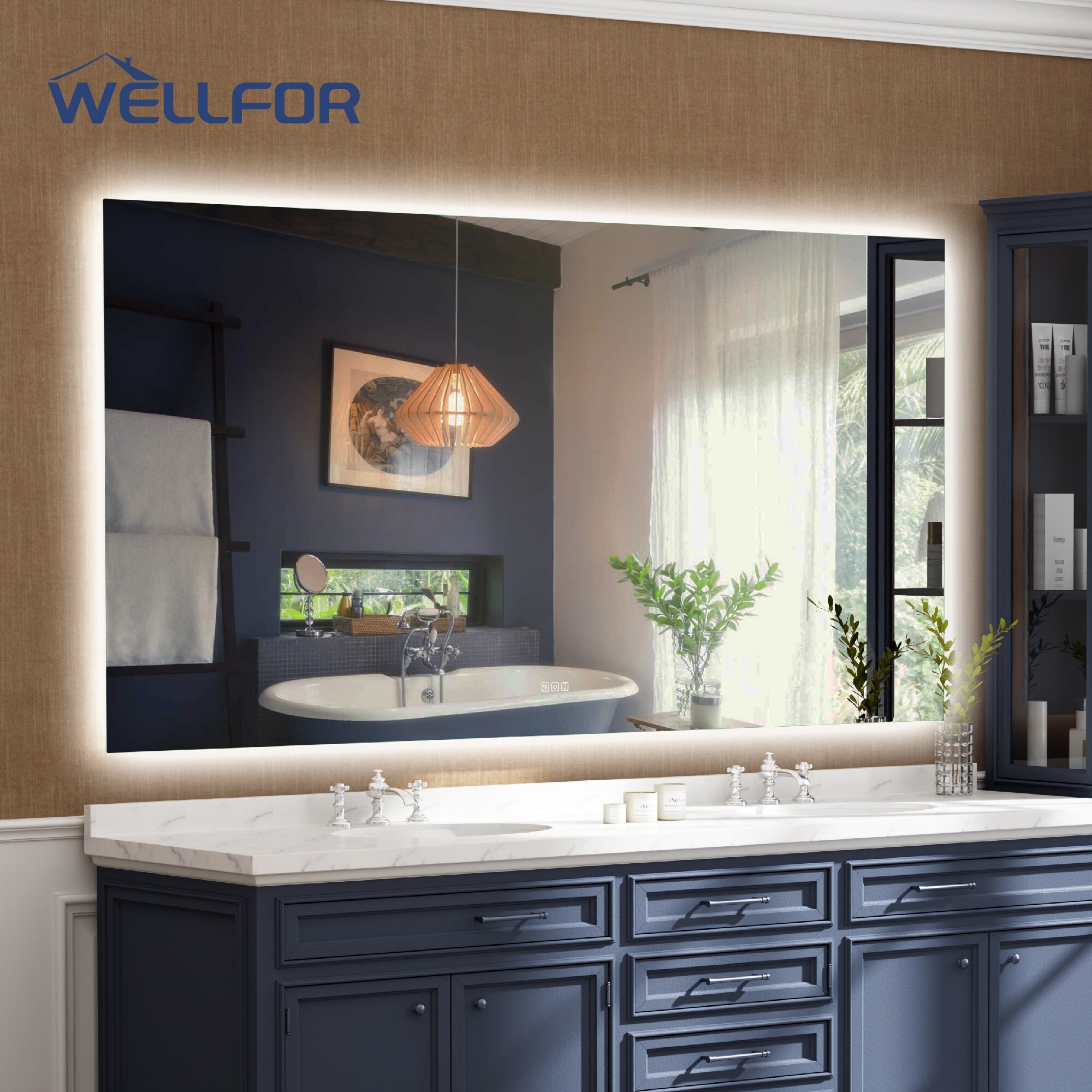 WELLFOR W15MRL8442 Kiran 84-in x 42-in Polished Frameless Rectangle Dimmable Lighted Fog Free Bathroom Vanity Mirror ( Silver )