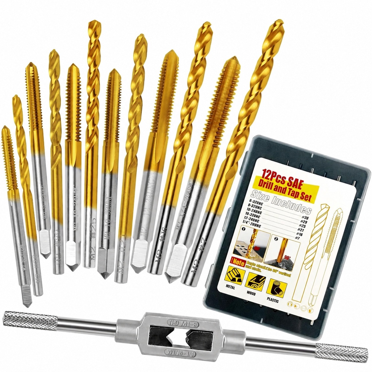 DYRCJ  12 Piece SAE Tap and Drill Set with Tap Wrench Includes Six Sizes of Taps and Drills for Metal Threading and Repair