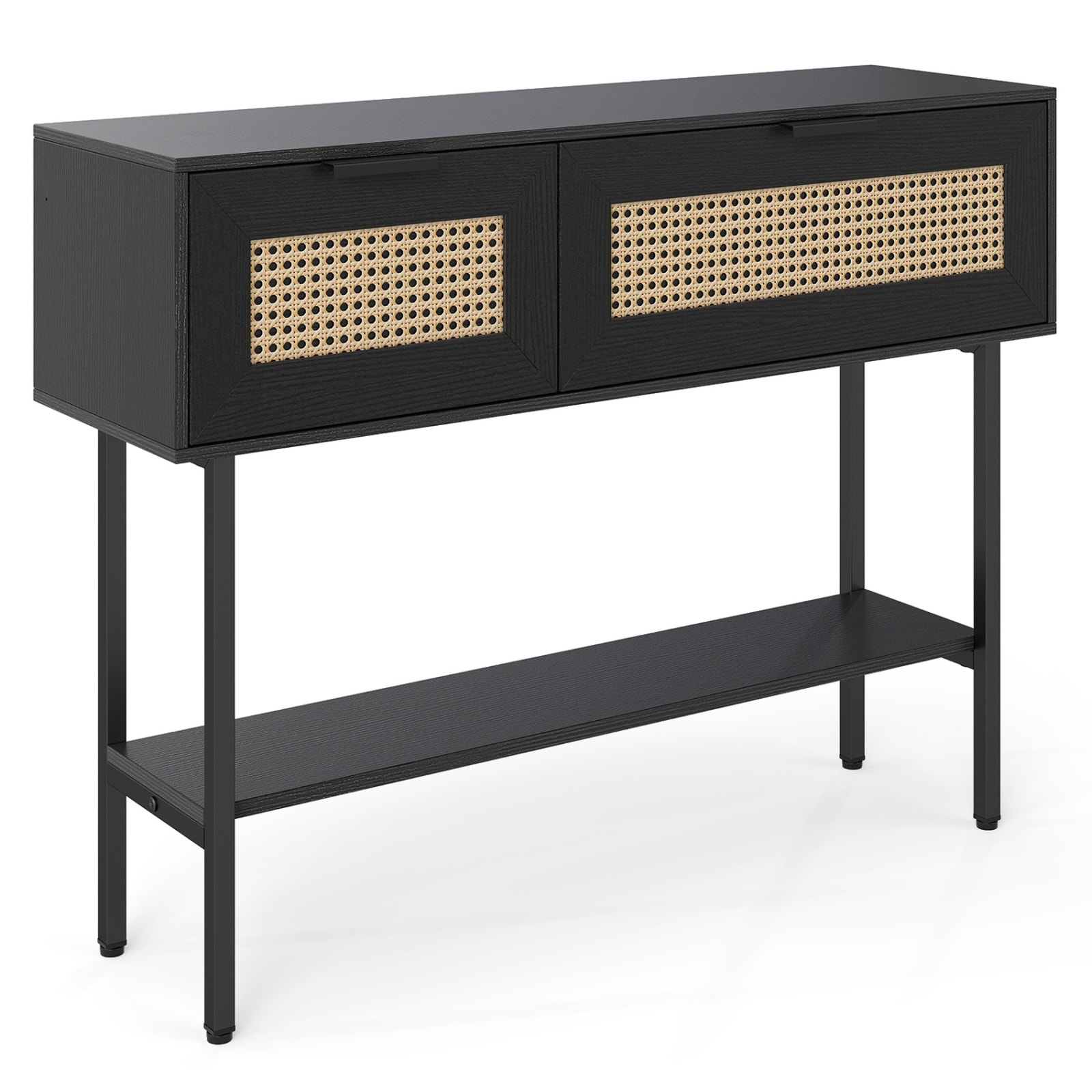 SUGIFT Rattan Console Table 40 in with 2 Storage Cabinets Open Shelf ...