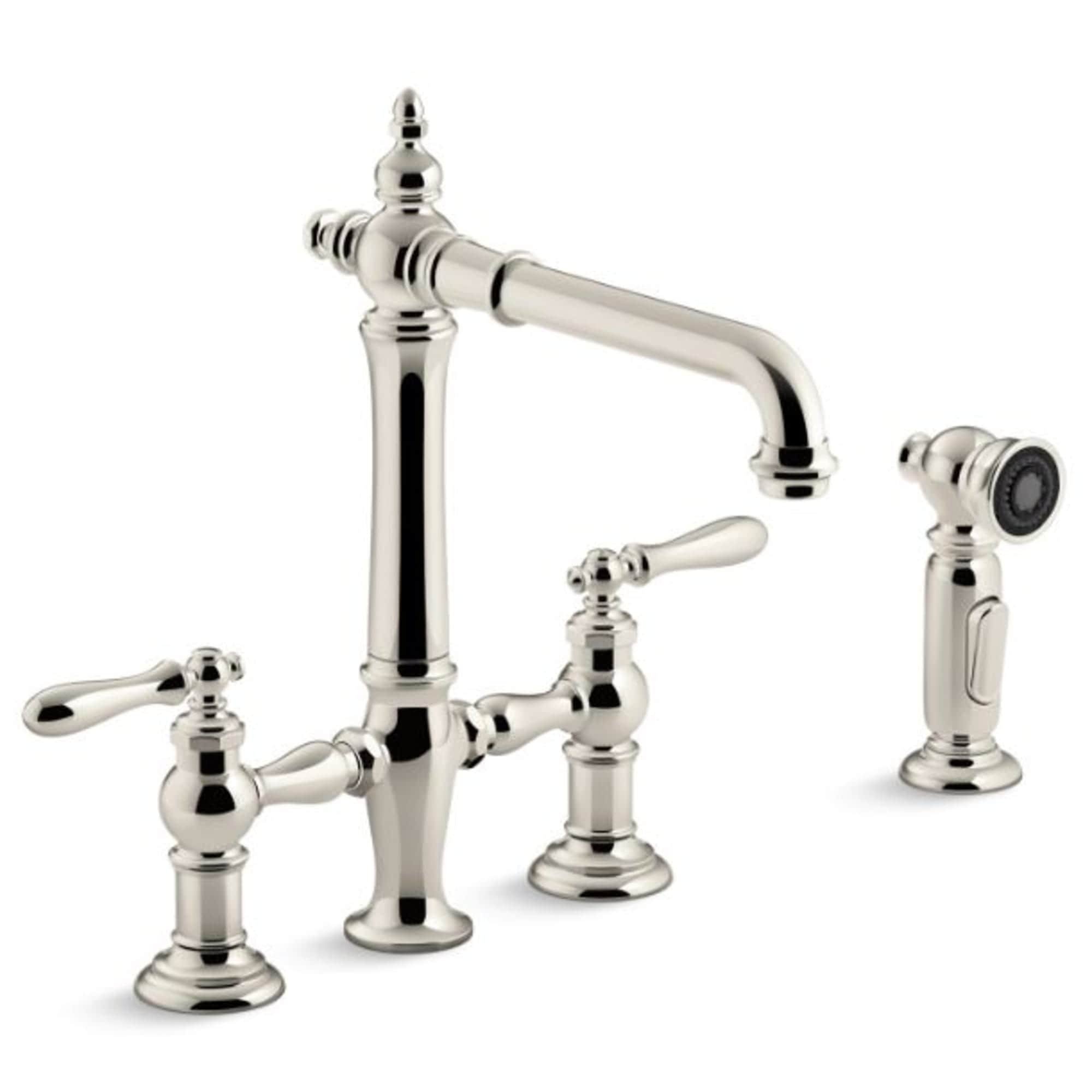 KOHLER K-76519-4-SN Artifacts Vibrant Polished Nickel Double Handle Deck-mount Bridge Kitchen Faucet ( Side Sprayer Included )
