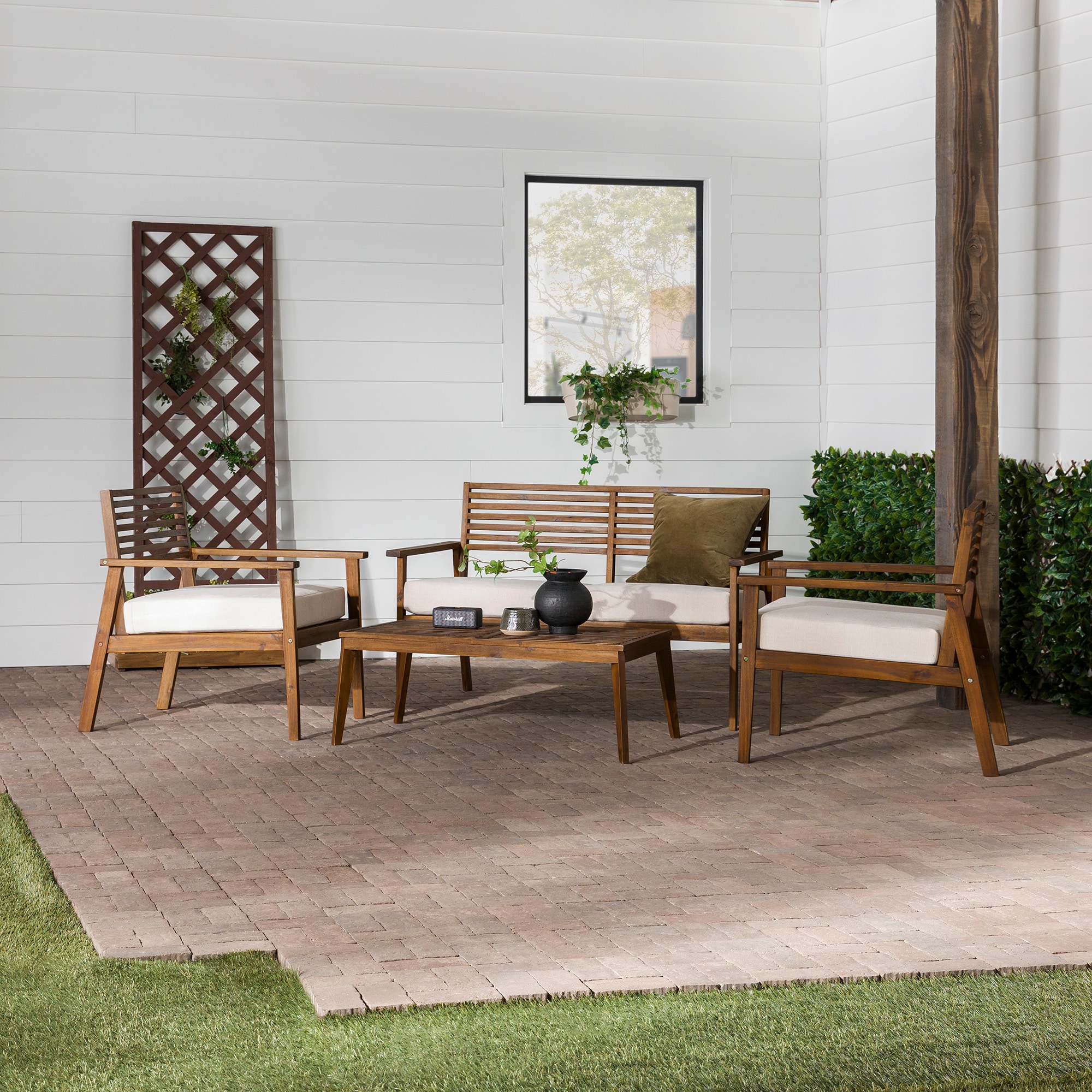 Walker Edison LWZAN4PCDBB Zander 4 -Piece Patio Conversation Set with Tan Cushions
