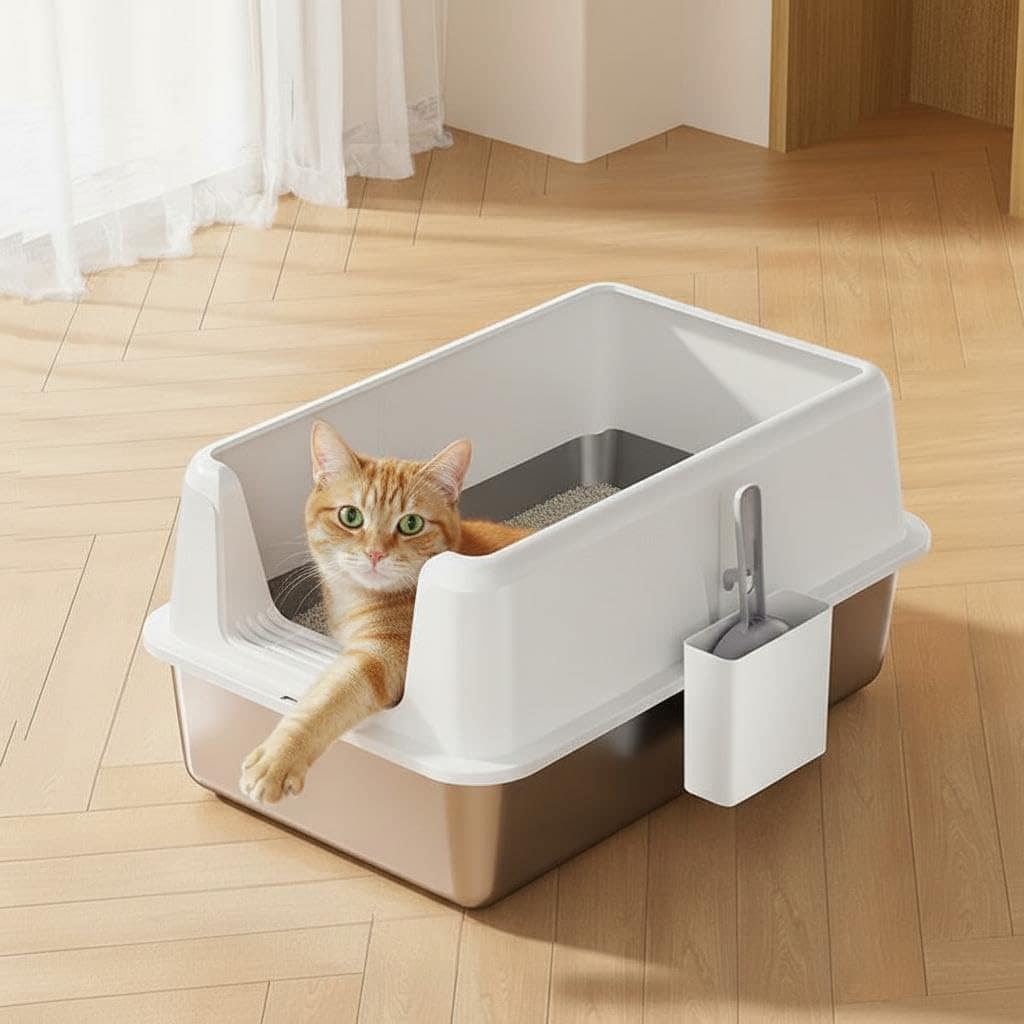 Garvee - 6in Deep Non-Stick Stainless Steel Litter Box Side Opening Splash-Proof and Leak-Proof L...