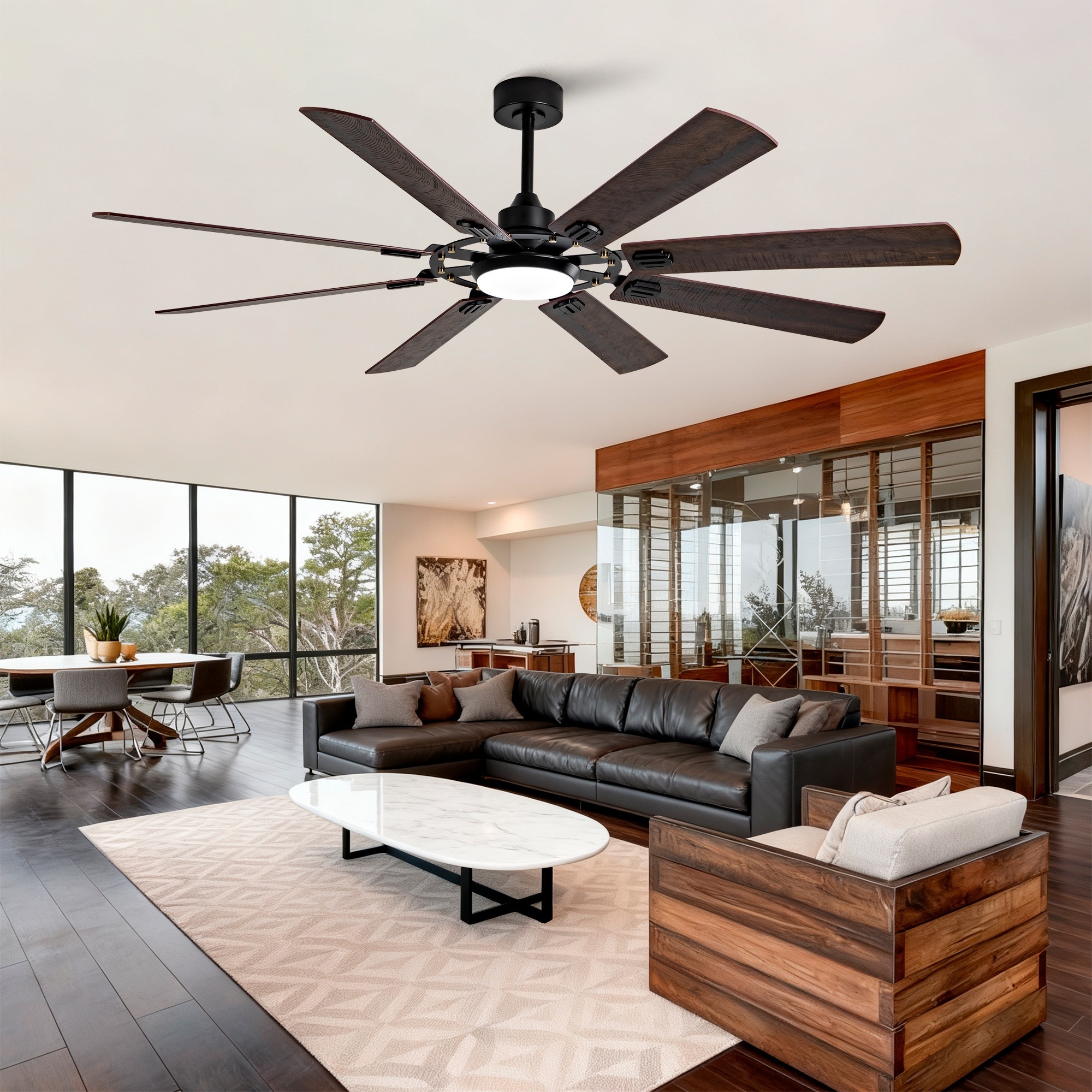 UOI 72 inch Black and Dark Walnut Solid Wood Large Ceiling Fan with Light and Remote Control