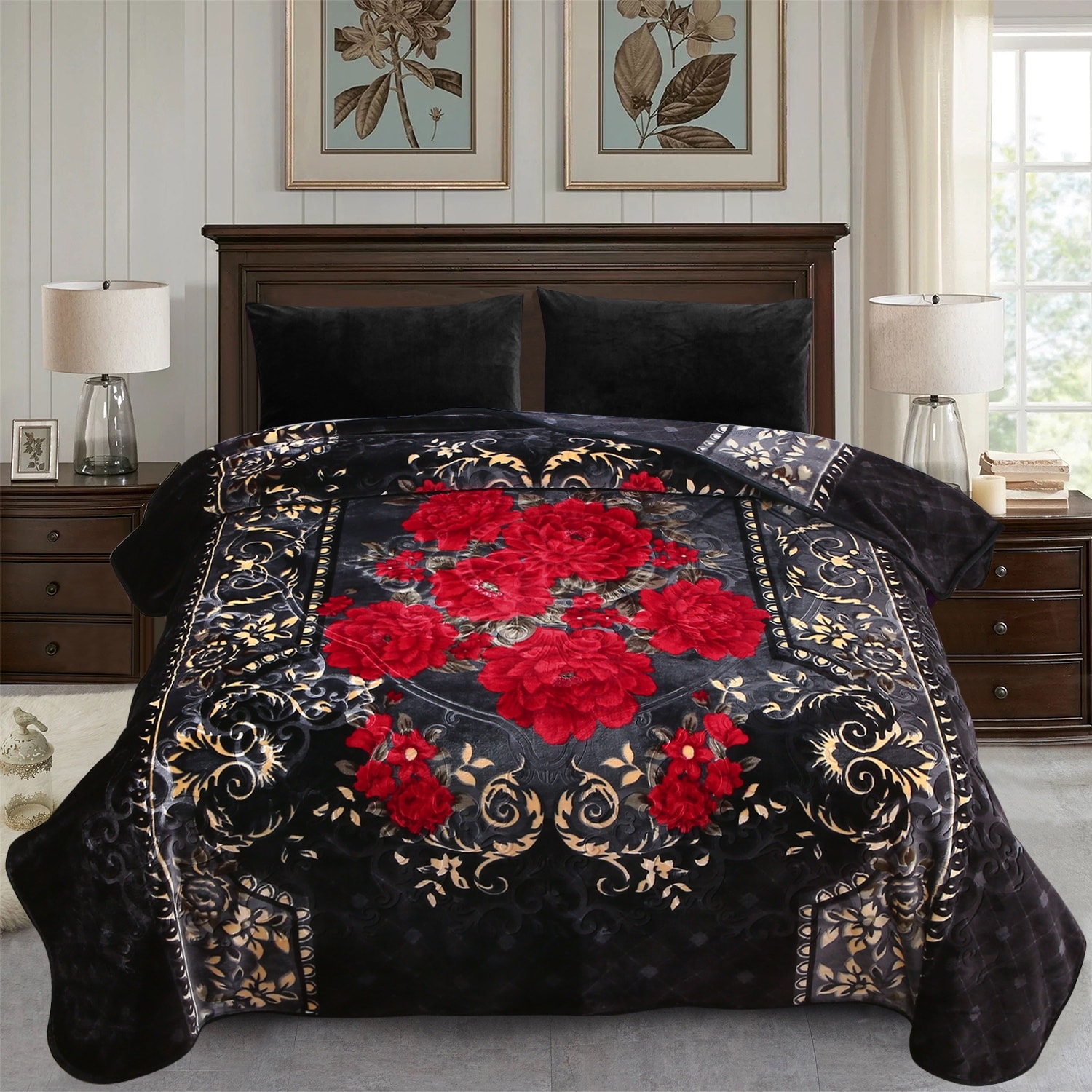 JML Black Rose Reversible Embossed Fleece Blanket