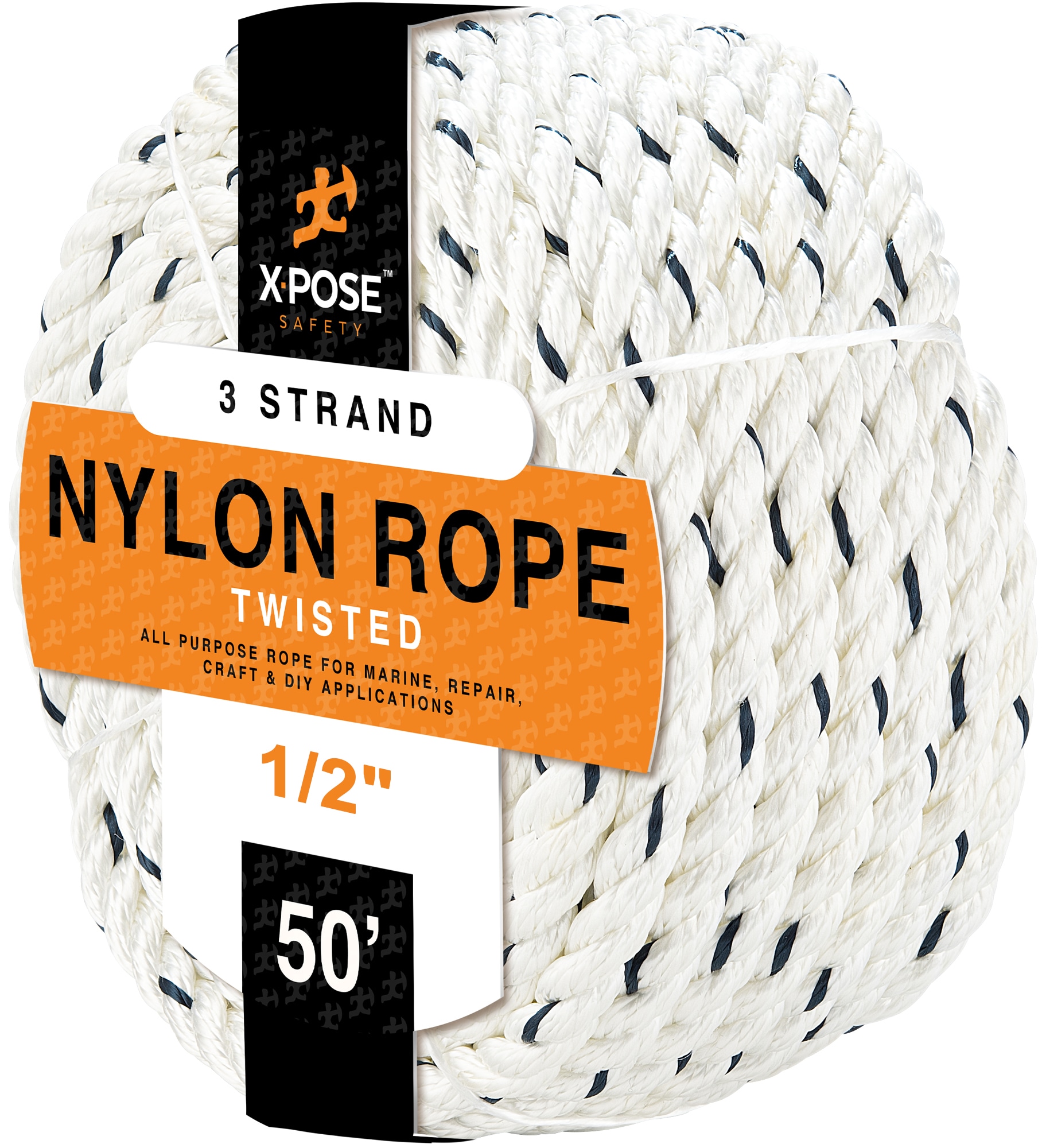 XPOSE SAFETY Nylon Poly Rope - 1/2 Inch Polyester and Nylon Rope 50 Ft - Up  to 10x Stronger Compared Natural Fiber or Polypropylene Rope - Synthetic 3  Strand Braided Rope 
