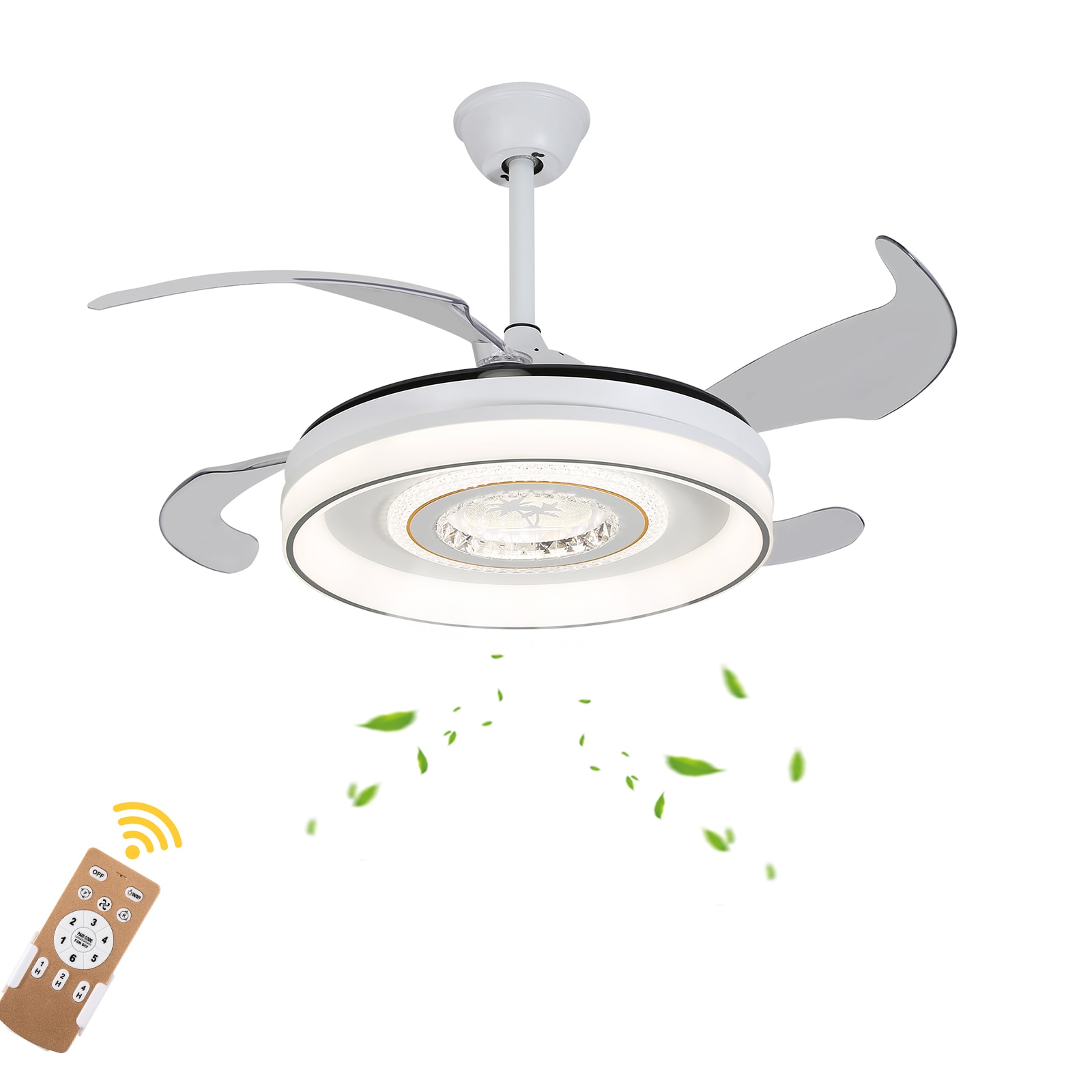 Oukaning JZUCOD6E99HCX 42-in Color-Changing White Coconut Tree Pattern Retractable Blades with ABS Blades Ceiling Fan With Light - Remote Included ( 4 -Blade )