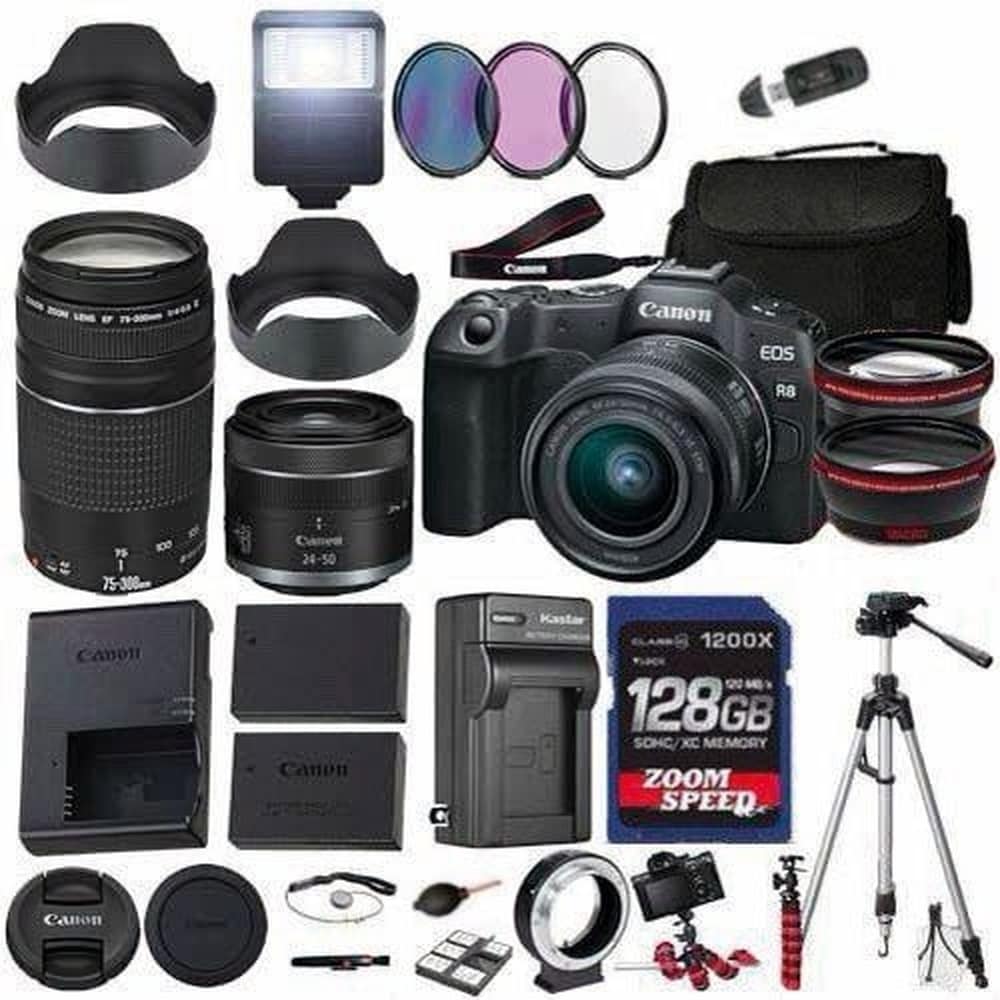 Canon  EOS R8 Mirrorless Camera kit with 24-50mm and 75-300mm lenses - 128GB memory - hood - charger - filters - tripod