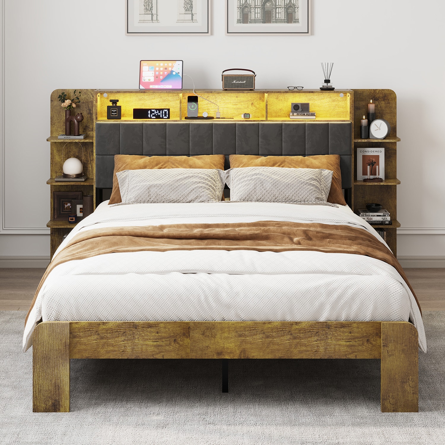 GZMR GM-W6314 Queen Bed Frame with Linen Headboard and Bookcase Shelves Brown Queen Metal Bed frame Bed with Storage