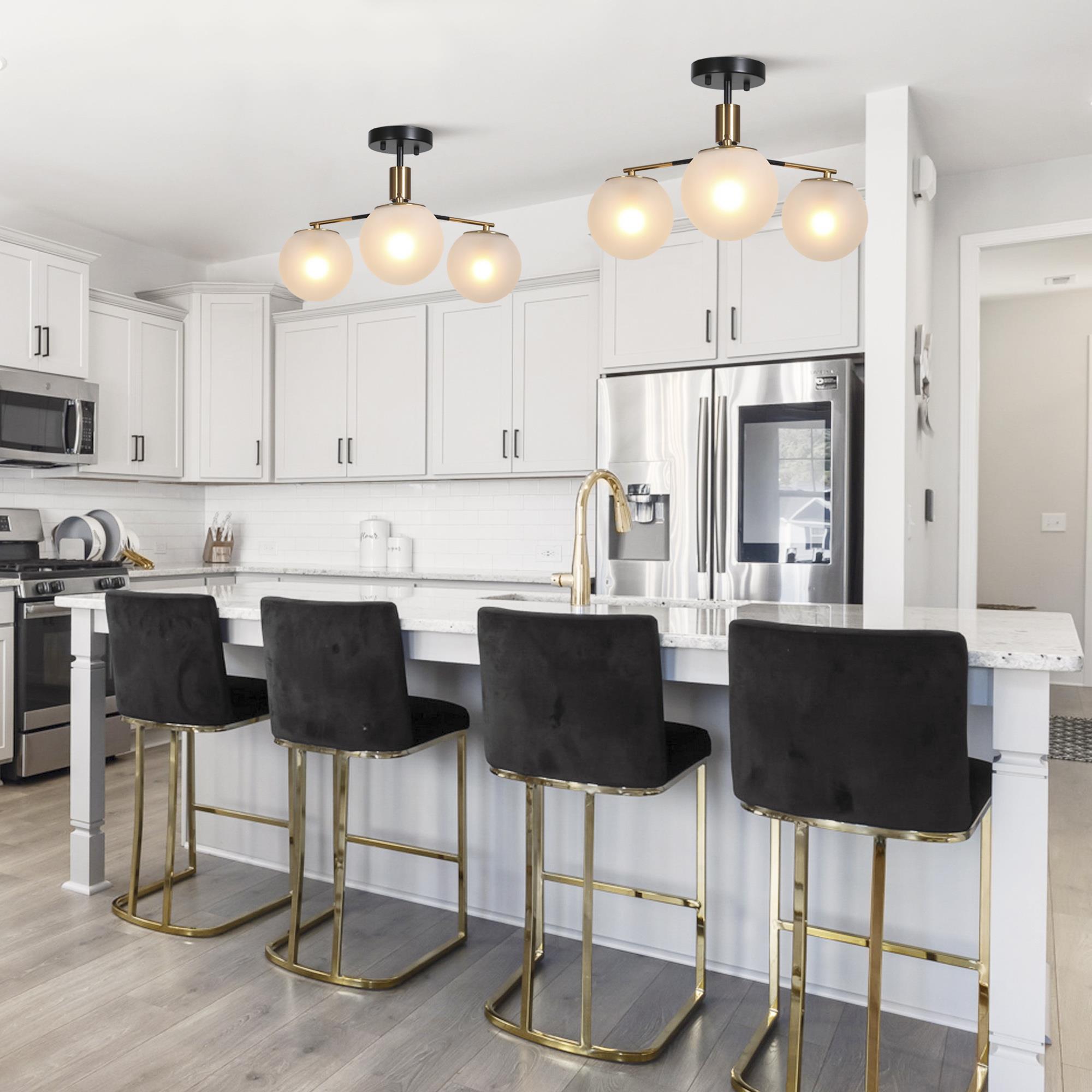 Modern 19" Matte Black and Brass Semi-Flush Mount with Frosted Glass Globes
