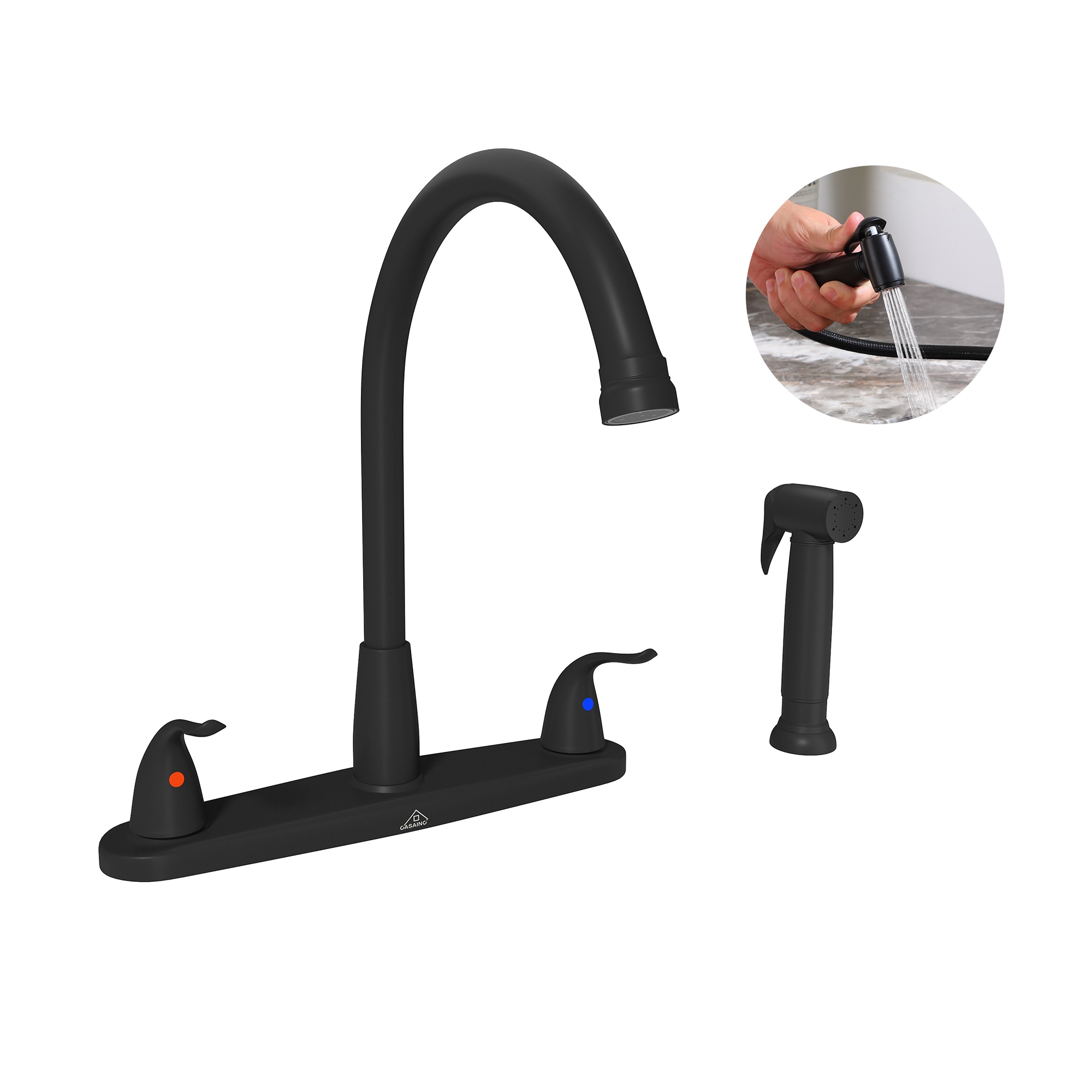 Mondawe MO-DT89001MB Matte Black Double Handle Deck-mount Kitchen Faucet ( Deck Plate Included ) ( Side Sprayer Included )