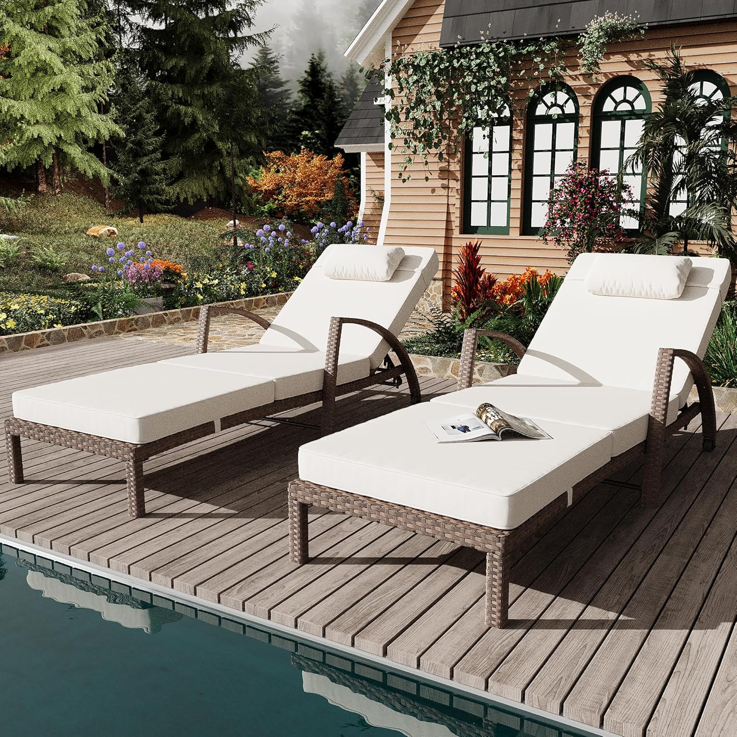 Qeetex LHF-DYQ-PPG-339DU4PM Outdoor Chaise Lounge Chairs Set of 2 Patio Rattan Reclining Chair with 5-Position Adjustable Backrest All-Weather Pool Sunbathing Recliners with Rolling Wheels for Outside - Brown and Beige