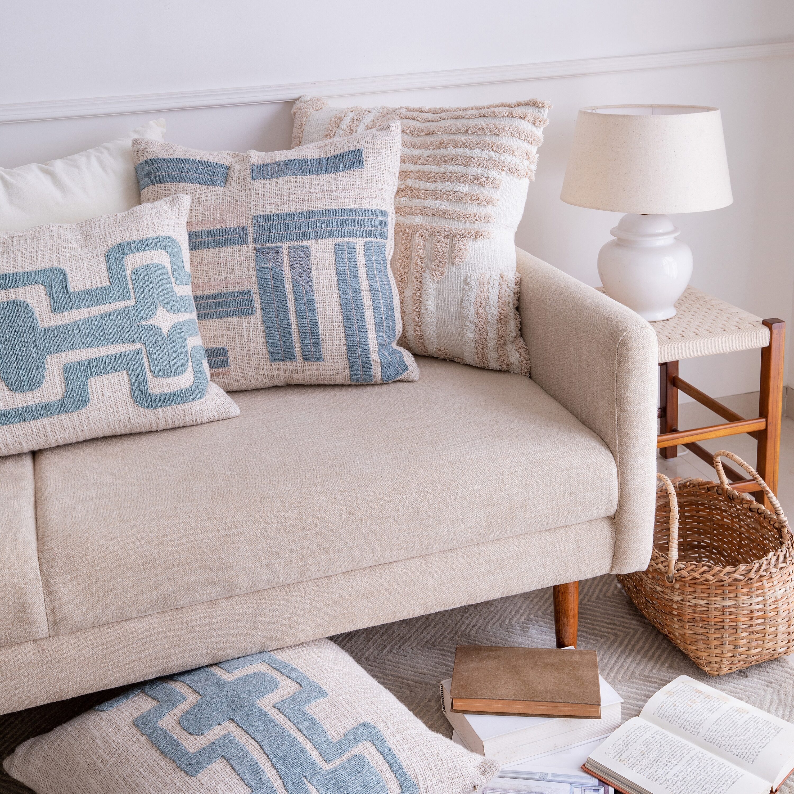 Ocean Blue and Ivory Cotton Embroidered Throw Pillow