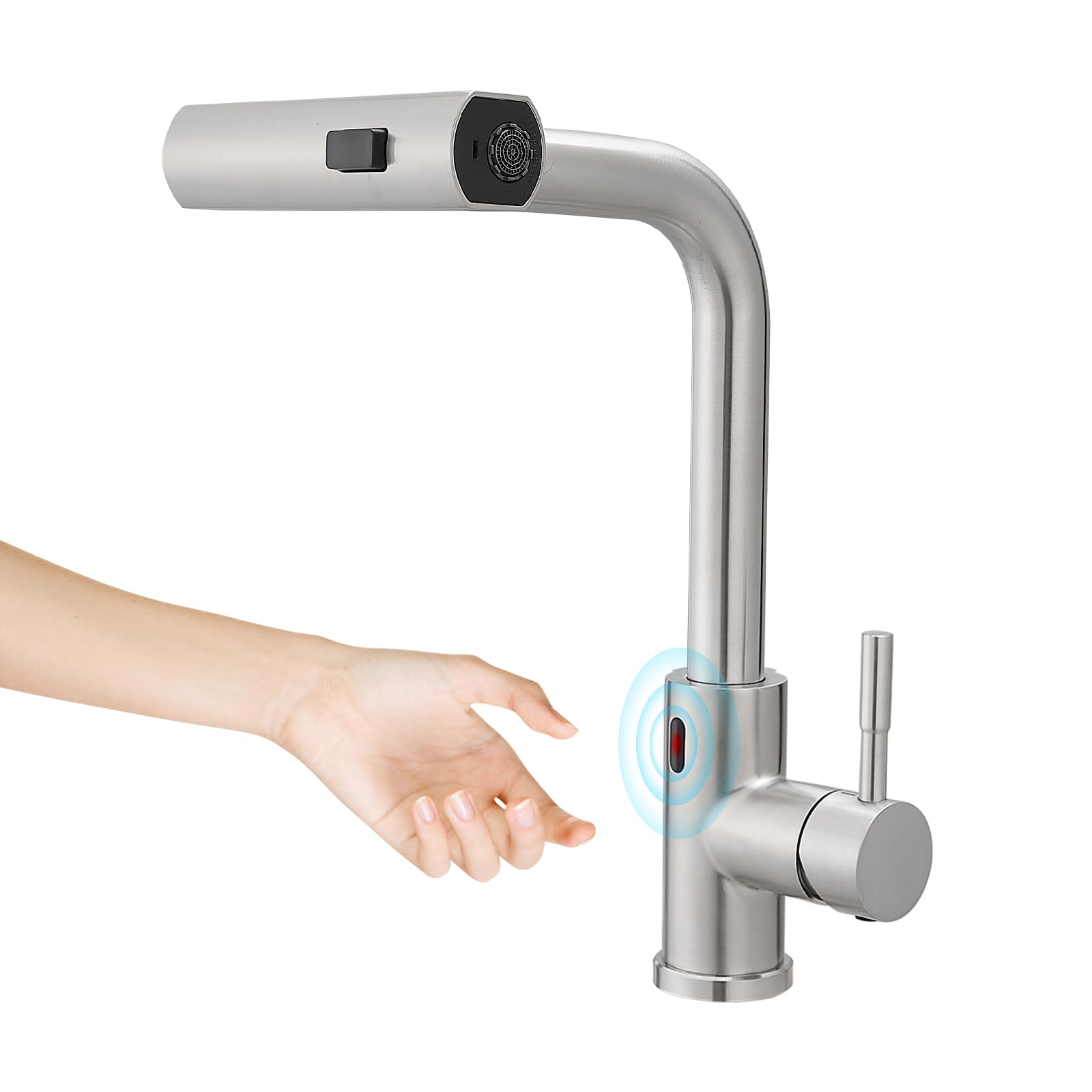 Phyfalip  Touchless Kitchen Faucet Motion Sensor Hands Free Single Handle Kitchen Sink Faucet with Pull Down Sprayer Brusshed Nickel