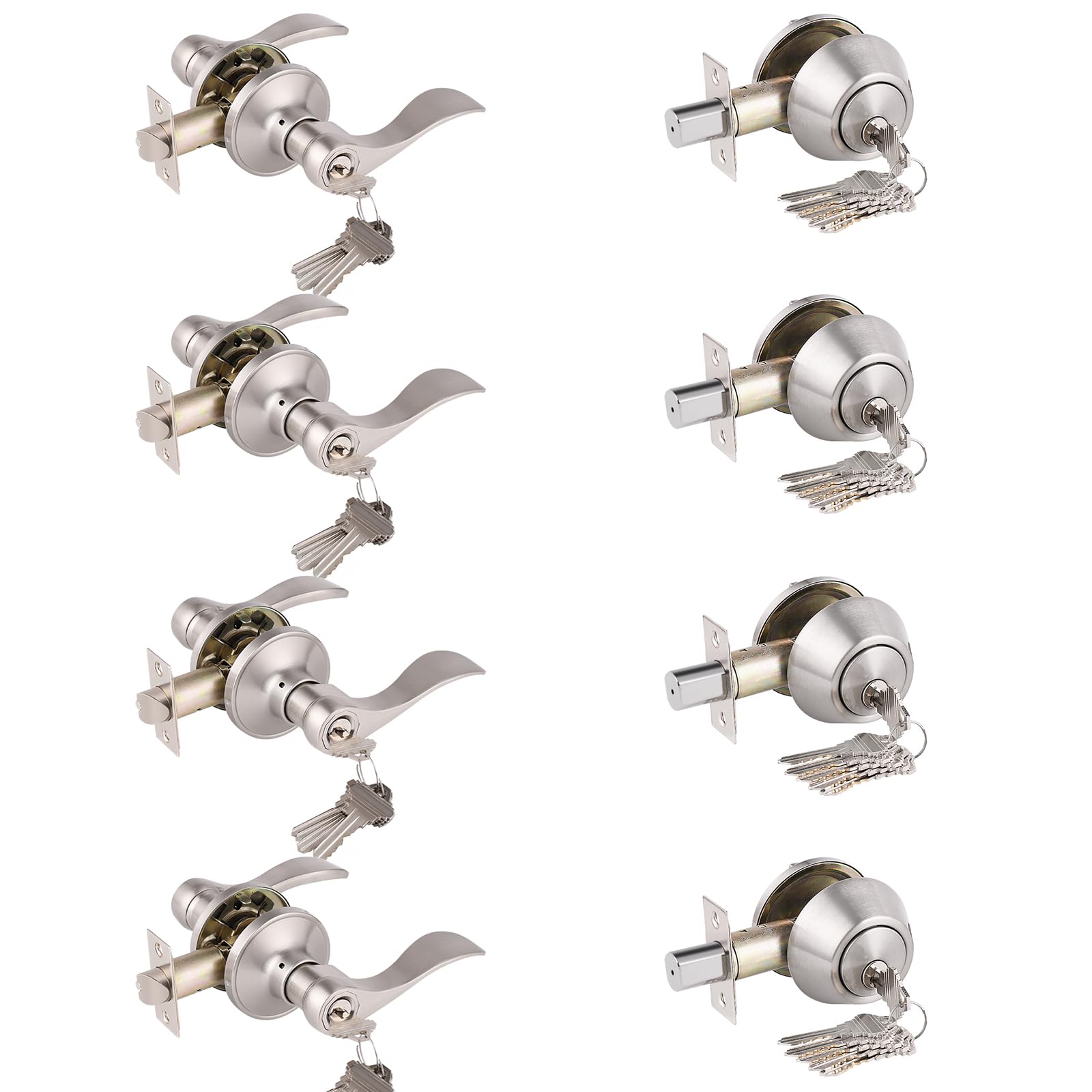 Afoxsos  Keyed Alike Entry Door Lever and Deadbolt Locksets Satin Nickel Front Exterior Door Lockset with Lever and Deadbolt Set of Four