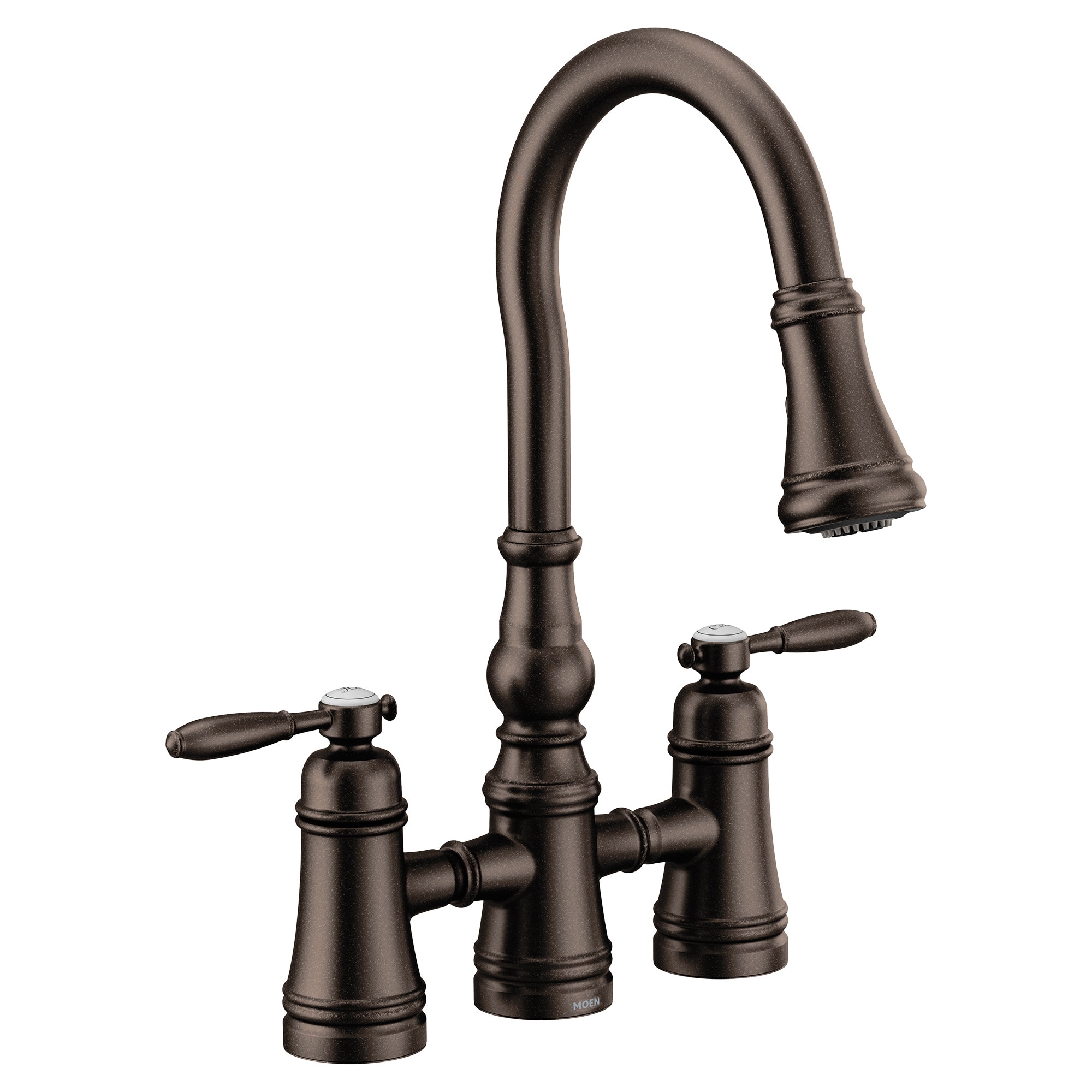 Moen Weymouth Oil Rubbed Bronze Double Handle Deck-mount Pull-down Kitchen Faucet with Sprayer