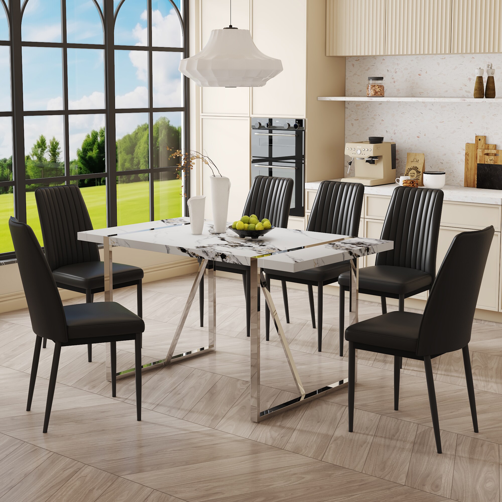 ModernLuxe SQ000750AAB 7 Piece Dining Table Set55inch Faux Marble Dining Table and 6 PU Leather ChairsSpace Saving Dining Table Set for KitchenDining Room White Table  Black Chairs