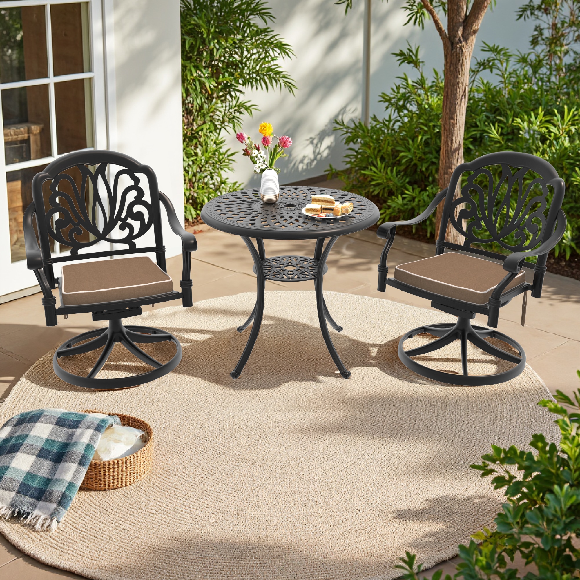 nicesure SLBK6002SC2A1030 3 -Piece Black Patio Dining Set Aluminum Round Table with 2 Cushions Swivel Rocker Chairs