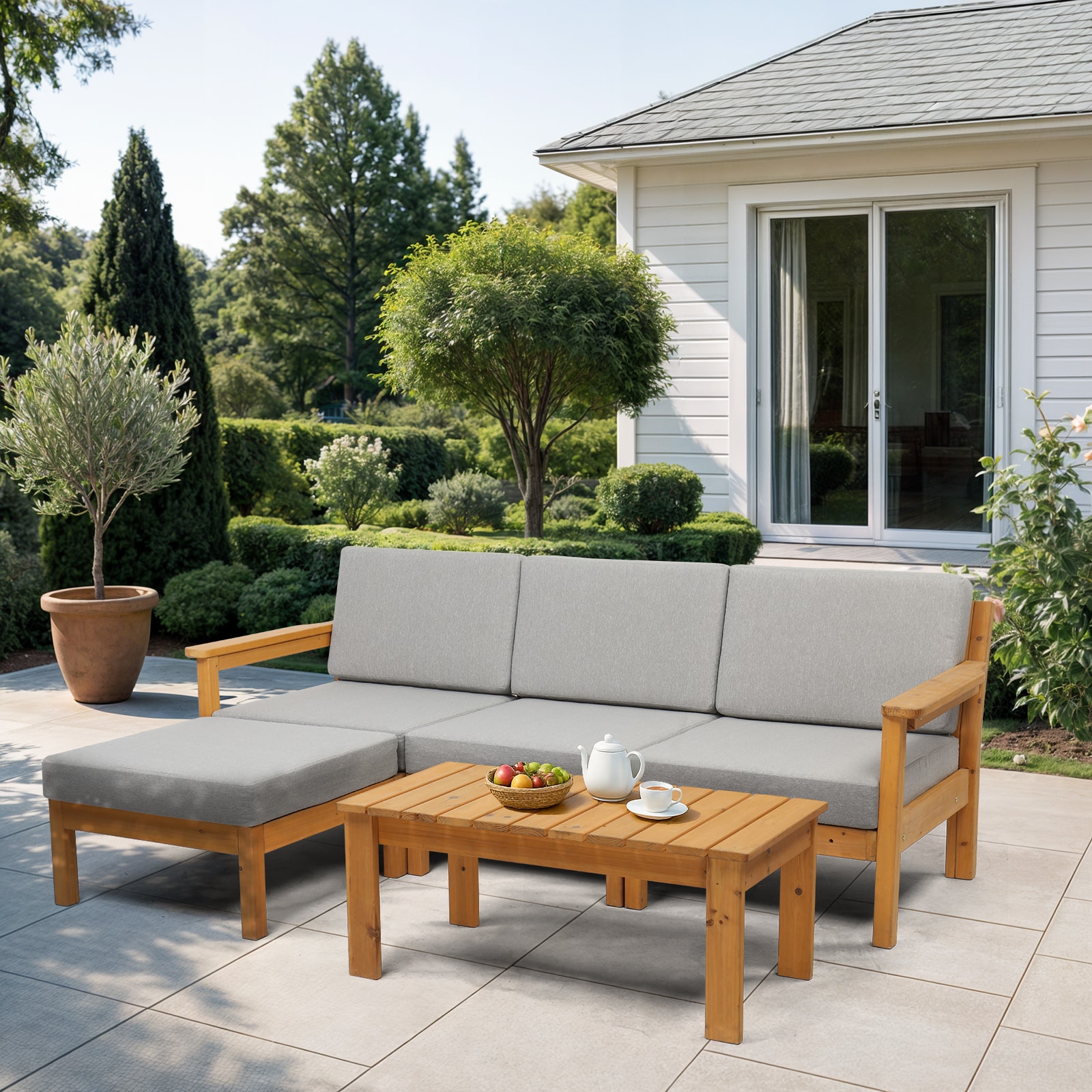 Outopee LO1G56001335-7 Outdoor Sectional with Gray Cushions and Douglas Fir Frame