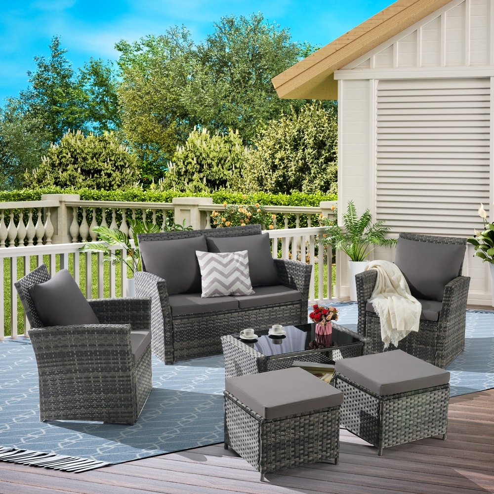 SANSTAR LRS-WS103LY 6 -Piece Wicker Patio Sofa Conversation Set with Gray Polyester Cushions