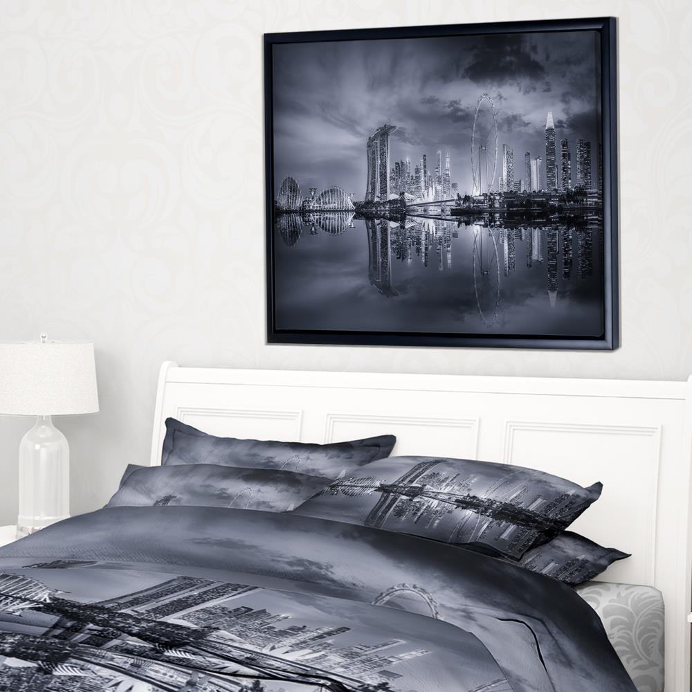 Designart Black and White Singapore Skyline- Cityscape Framed Canvas ...