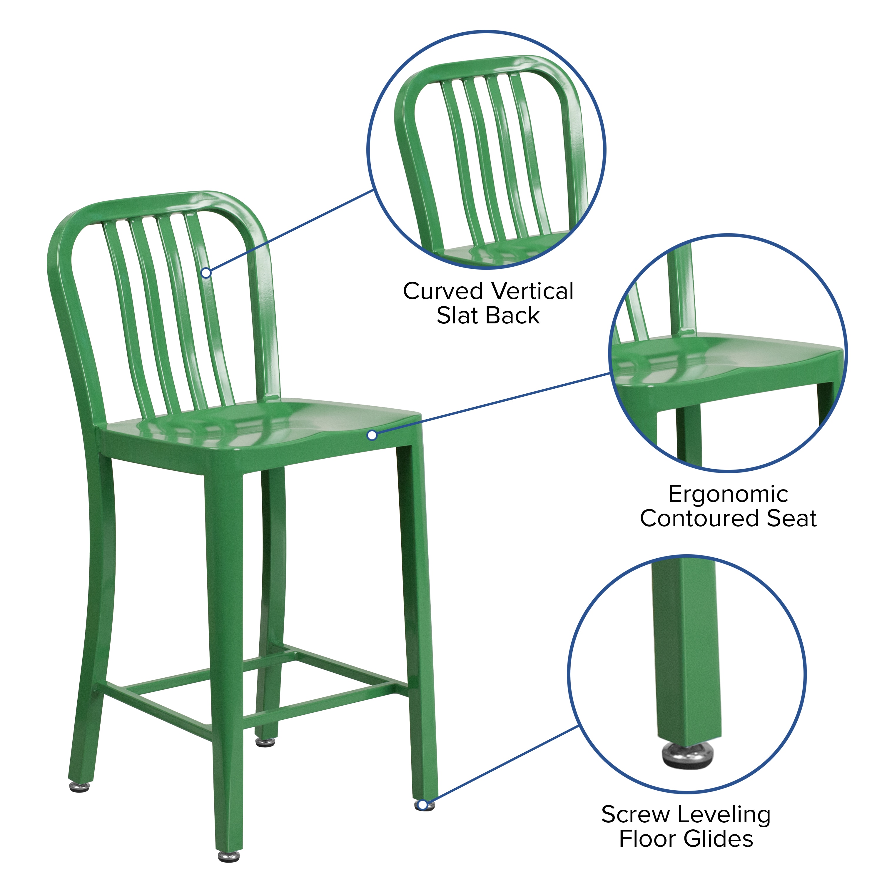 Green Metal 24" Counter Height Stool with Slat Back