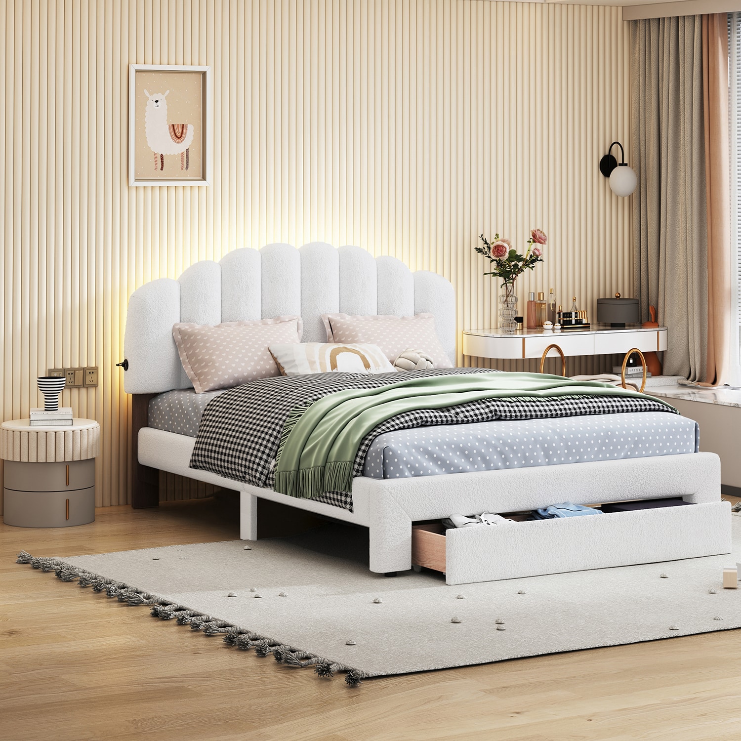 GZMR GZ-JH1318K Queen Size Upholstered Platform Bed with Drawer White Queen Upholstered Bed frame Bed with Storage