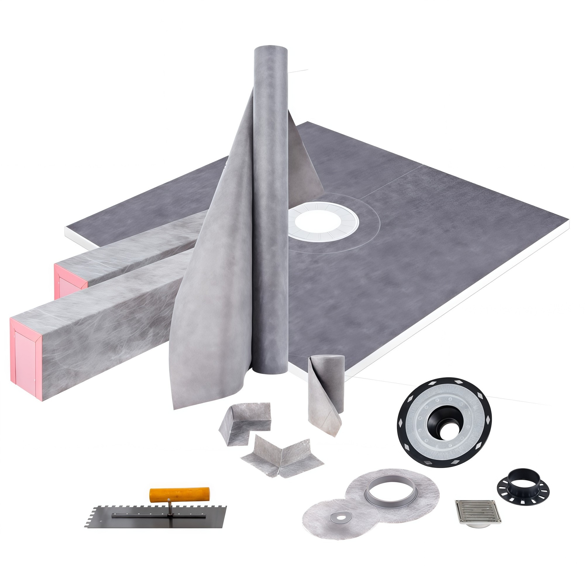 Numhew 48in x 48in 2-Piece Gray Watertight Shower Curb Kit with 4in Central Flange and Stainless Steel Grate