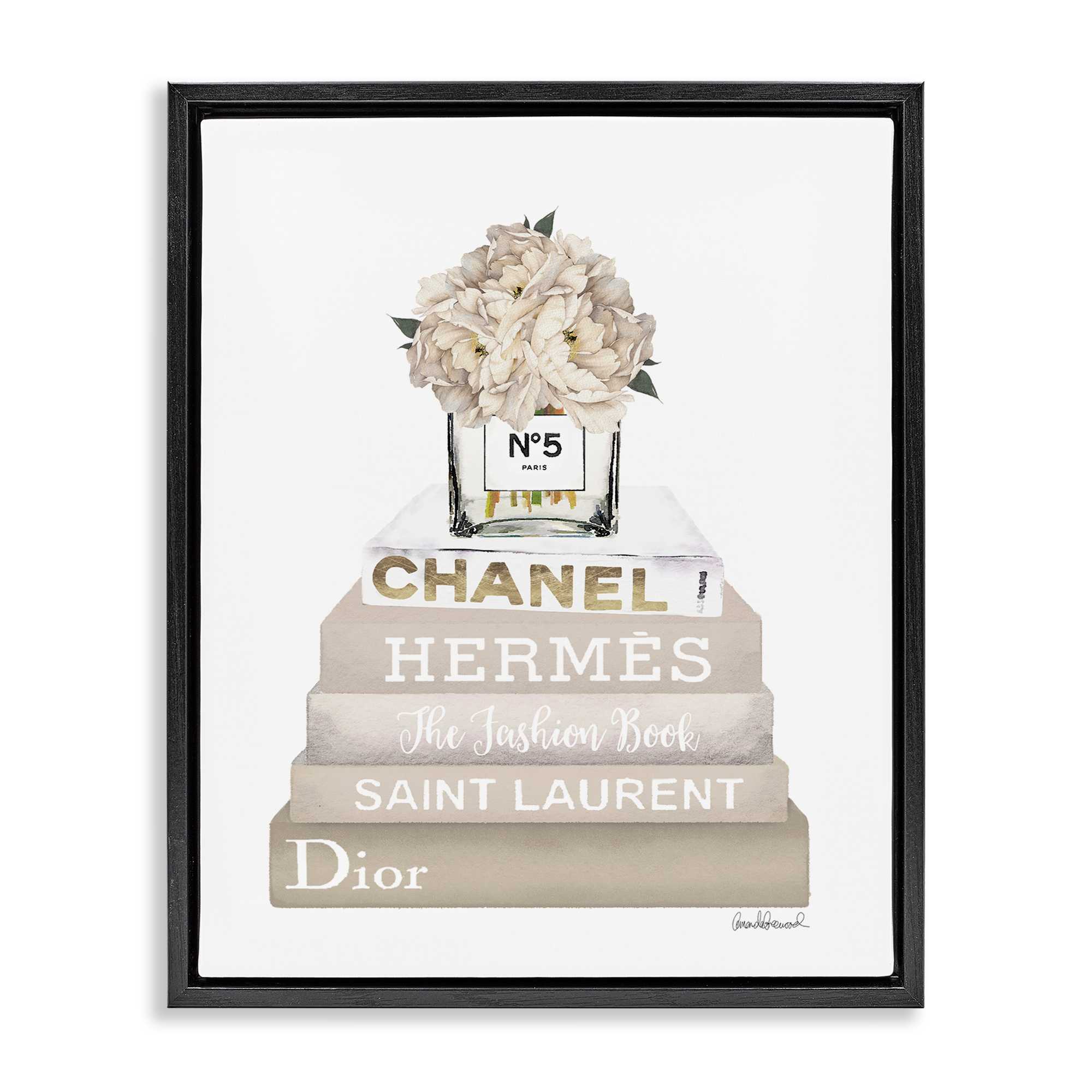 Stupell Industries BS-522-FFB-16X20 Neutral Bookstack Fashion Black Framed Floater Canvas Wall Art By Amanda Greenwood 17 x 21