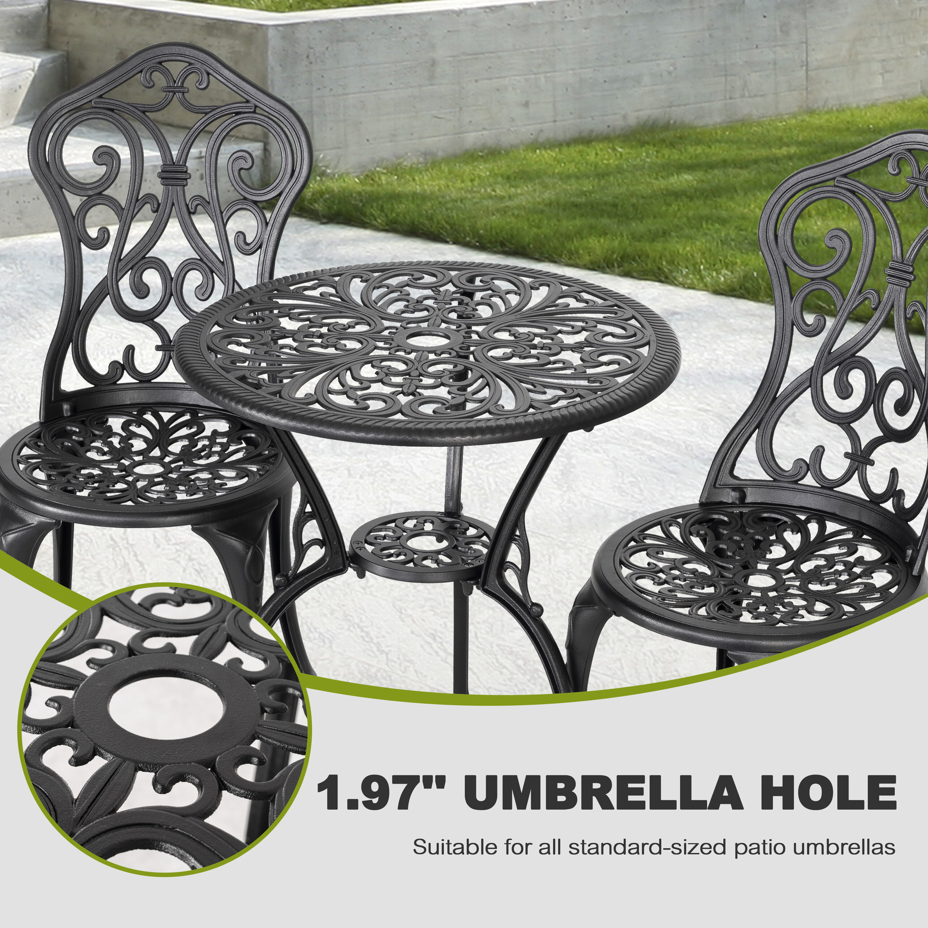 Black Cast Aluminum 3-Piece Outdoor Bistro Set with Floral Design