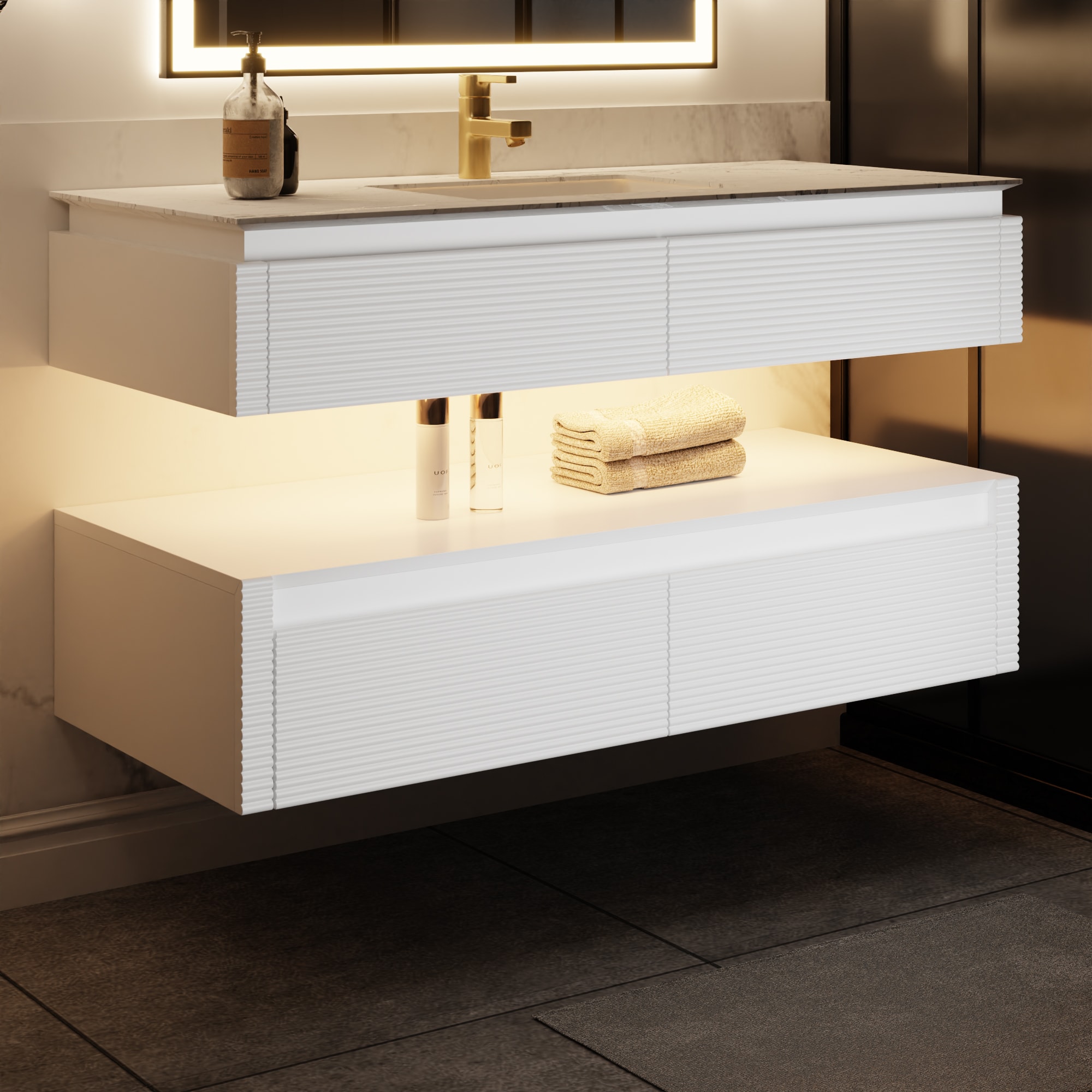 ExBrite SC4820V13WH 48-in White Undermount Single Sink Floating Bathroom Vanity with White Engineered Stone Top