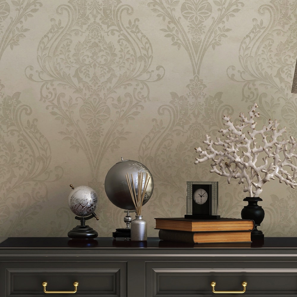 Champagne Damask Non-Pasted Repositionable Wallpaper Roll