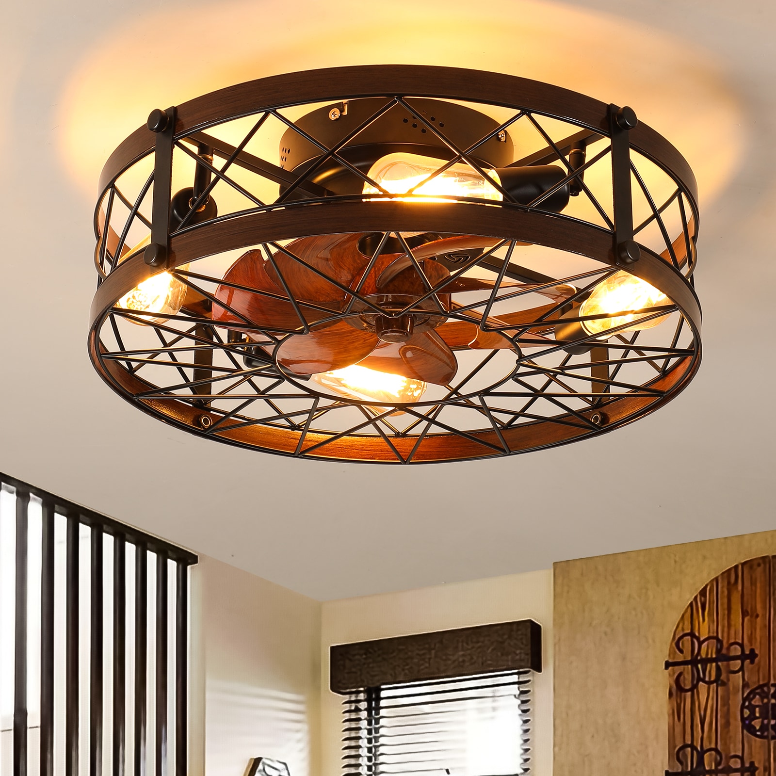 Caged Ceiling Fans with Lights Black 20 inch Flush Mount Ceiling Fan Light Fixture Reversible Fan Including E26 bulbs
